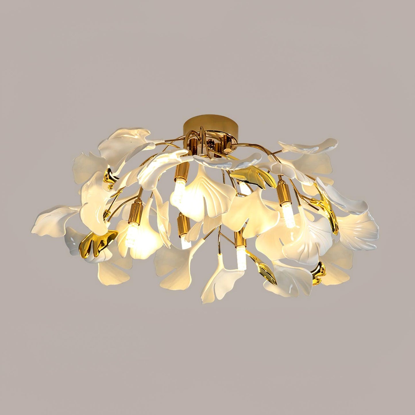 Gingko Ceiling Lamp | Gold Metal & White Ceramic | Multiple Bulb Options