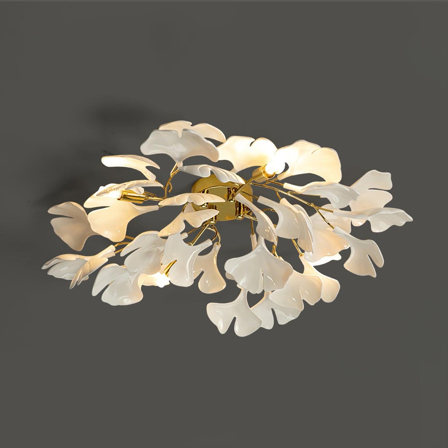 Gingko Ceiling Lamp | Gold Metal & White Ceramic | Multiple Bulb Options
