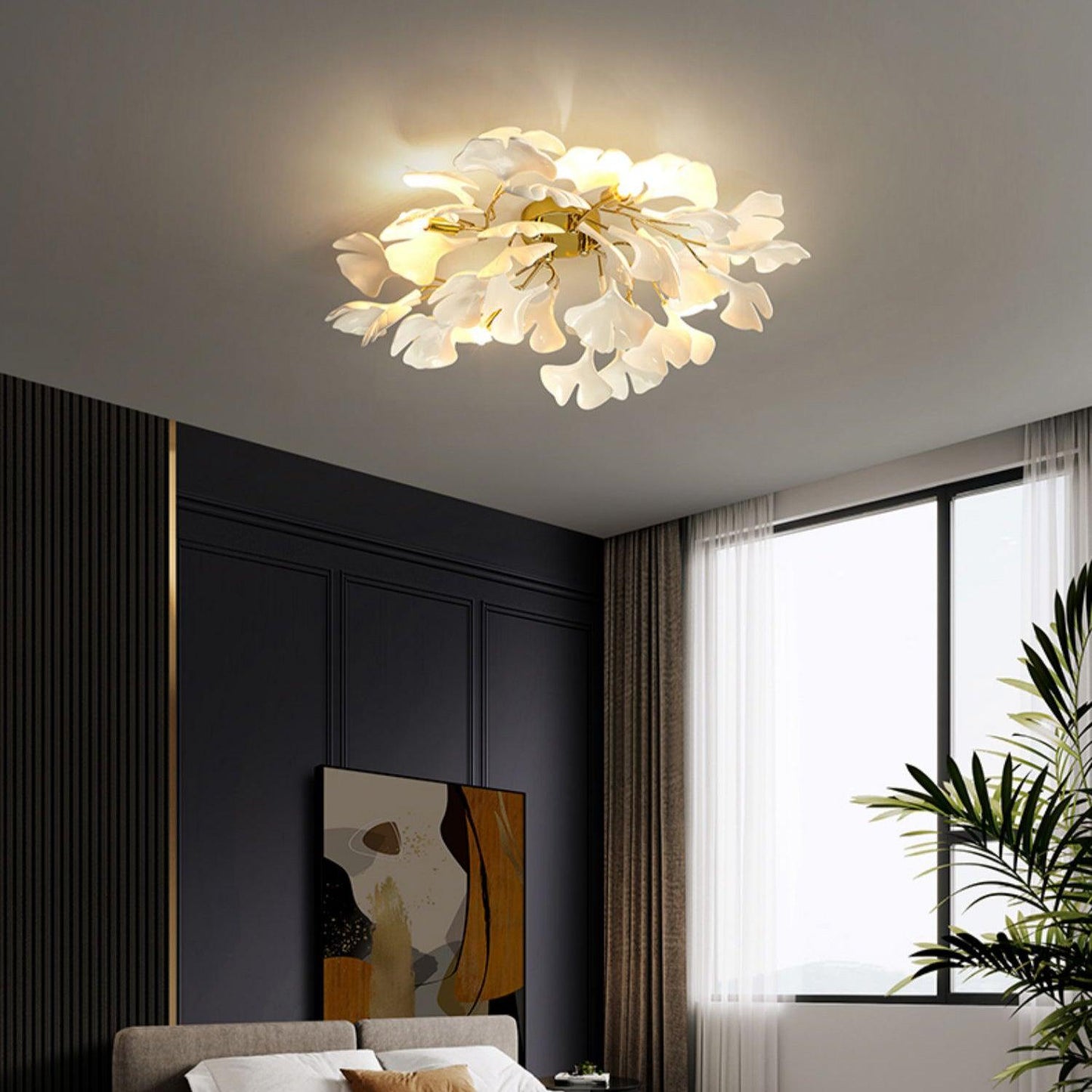 Gingko Ceiling Lamp | Gold Metal & White Ceramic | Multiple Bulb Options