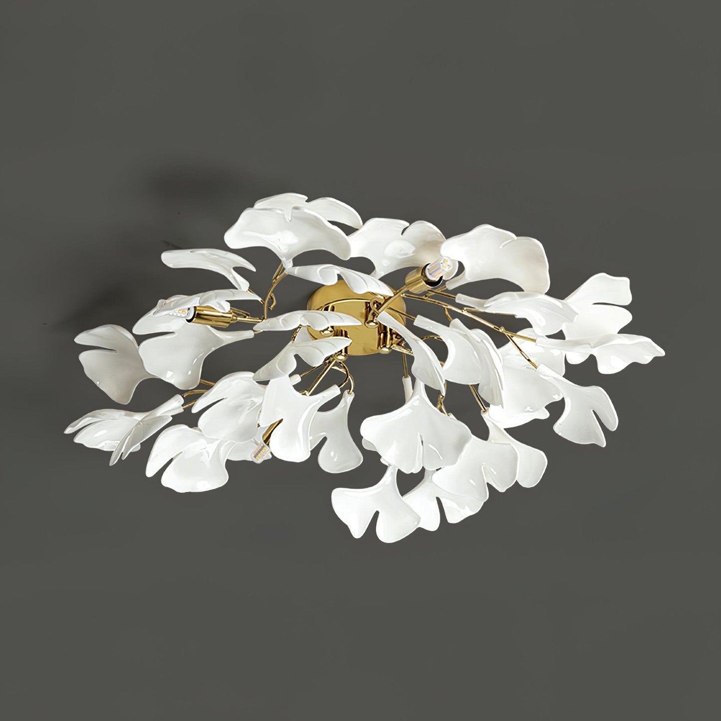 Gingko Ceiling Lamp | Gold Metal & White Ceramic | Multiple Bulb Options