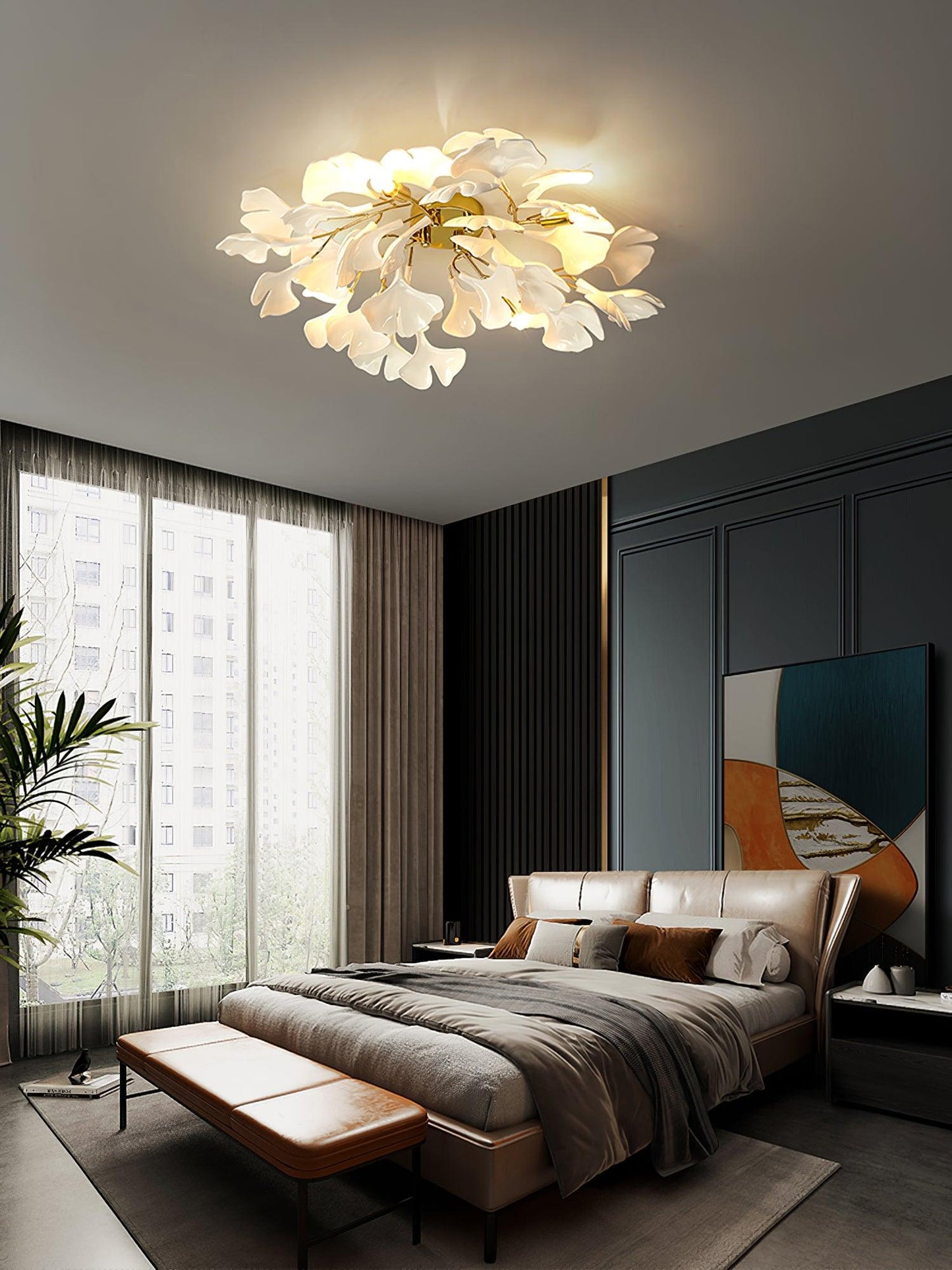 Gingko Ceiling Lamp | Gold Metal & White Ceramic | Multiple Bulb Options