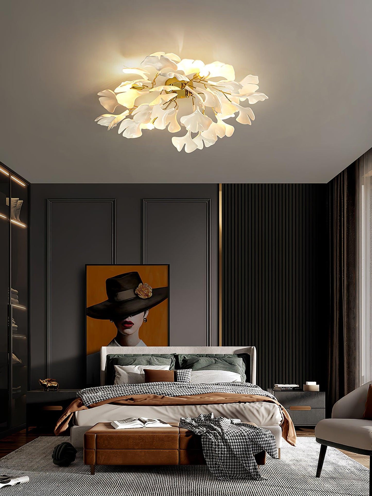 Gingko Ceiling Lamp | Gold Metal & White Ceramic | Multiple Bulb Options