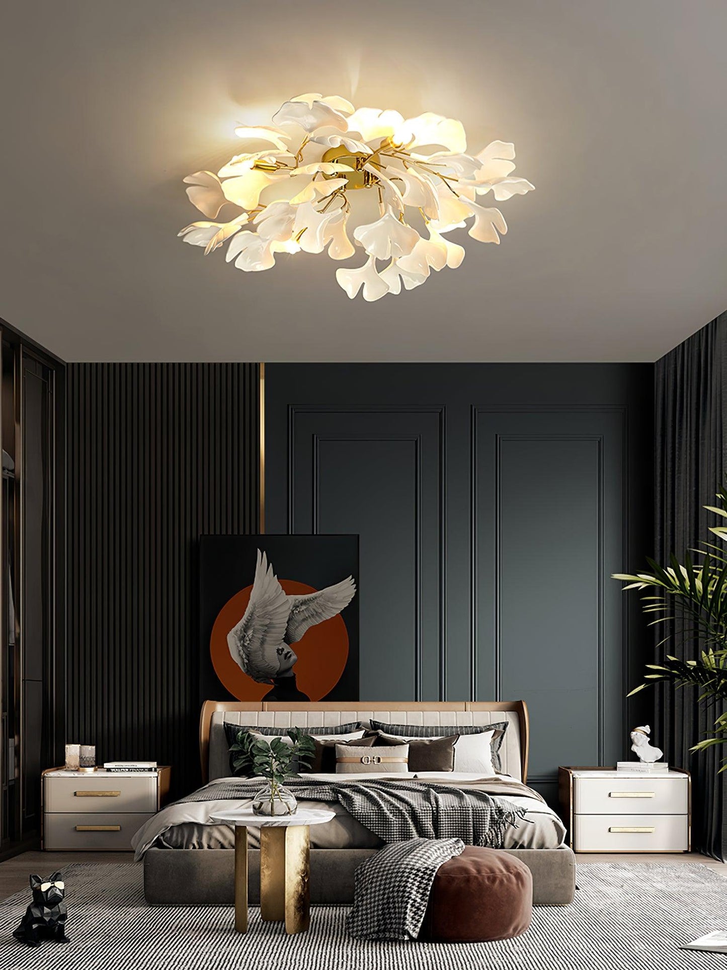 Gingko Ceiling Lamp | Gold Metal & White Ceramic | Multiple Bulb Options