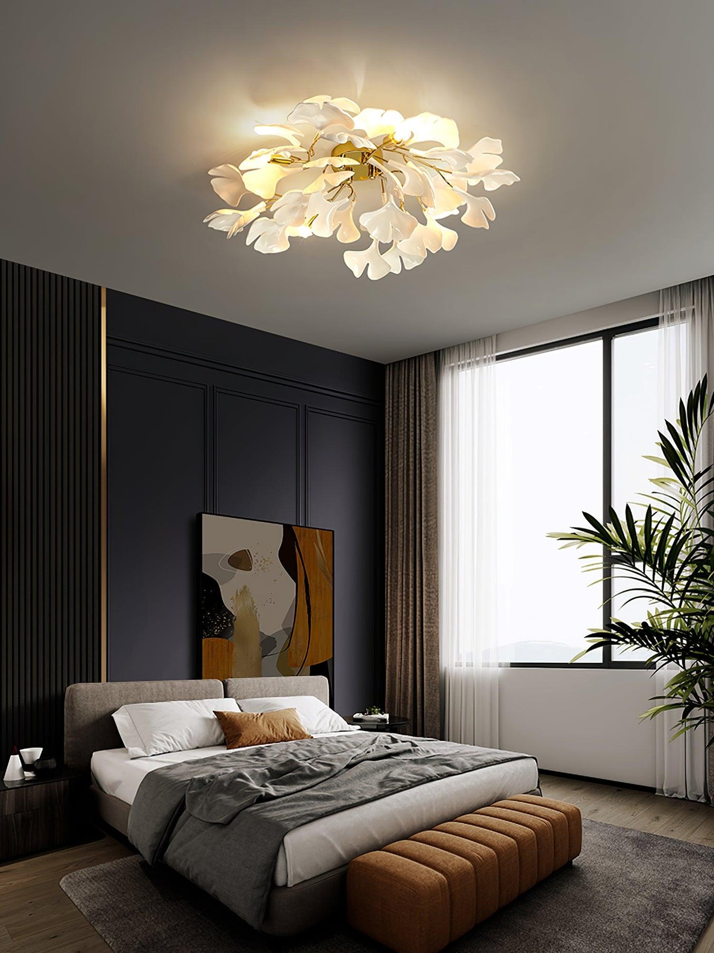 Gingko Ceiling Lamp | Gold Metal & White Ceramic | Multiple Bulb Options
