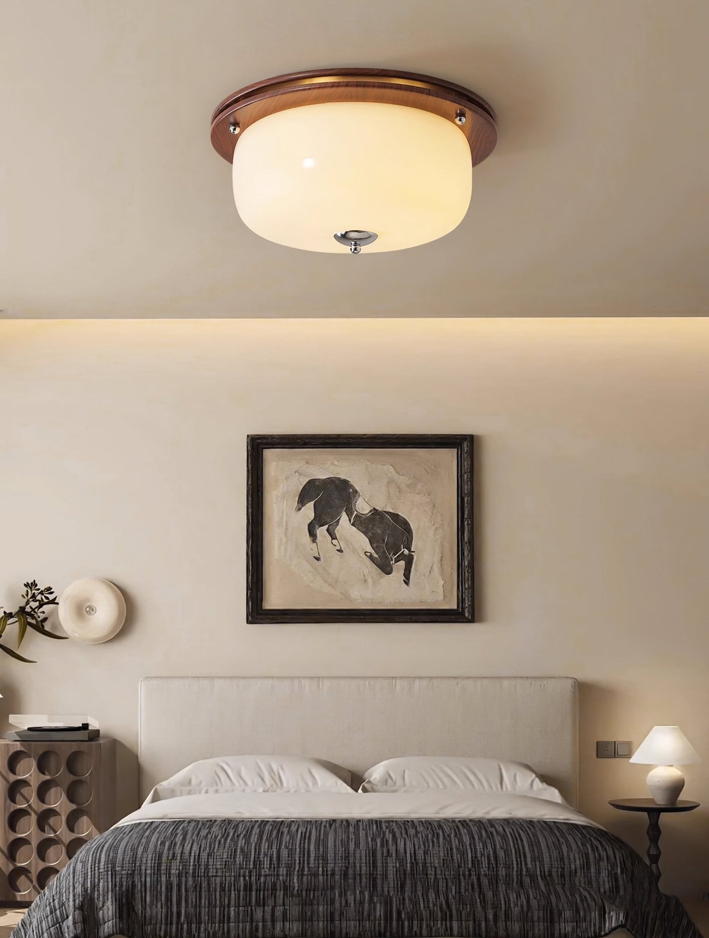 Glass Dome Ceiling Light | Frosted Glass & Wood Grain | White/Coffee