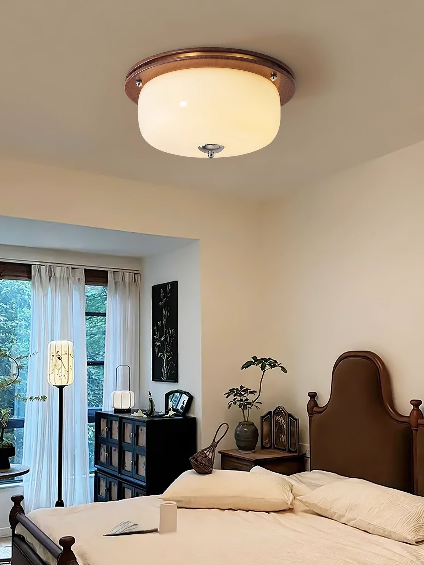 Glass Dome Ceiling Light | Frosted Glass & Wood Grain | White/Coffee