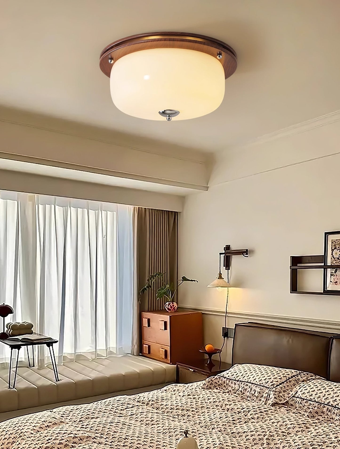 Glass Dome Ceiling Light | Frosted Glass & Wood Grain | White/Coffee