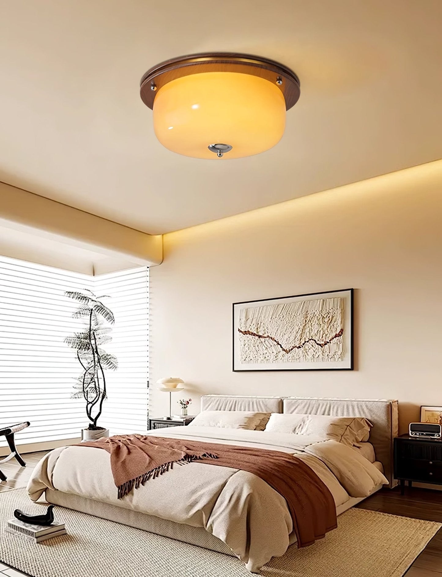 Glass Dome Ceiling Light | Frosted Glass & Wood Grain | White/Coffee