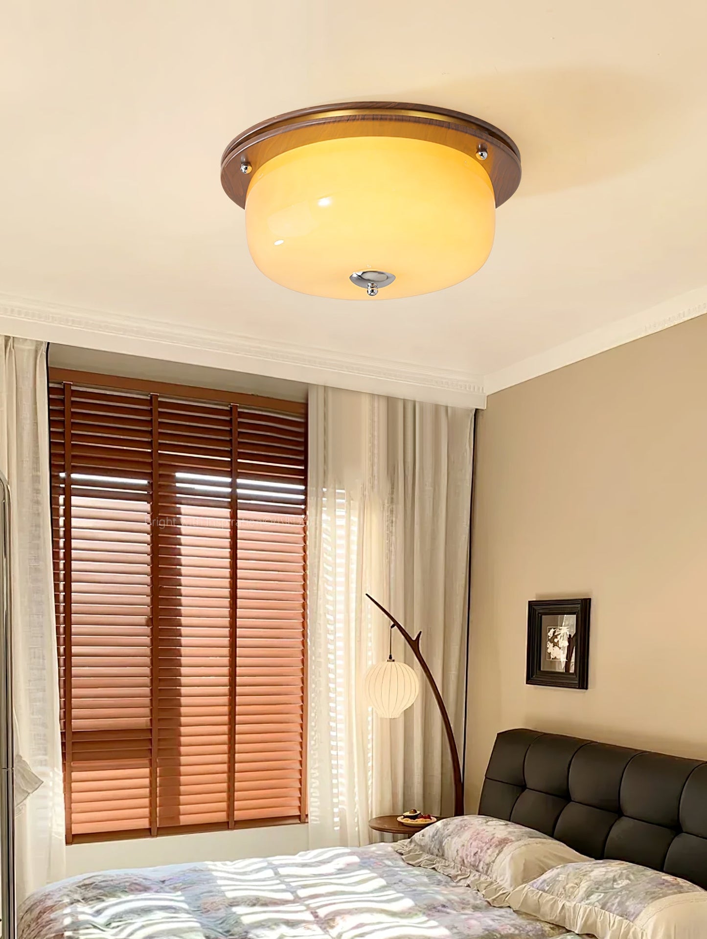 Glass Dome Ceiling Light | Frosted Glass & Wood Grain | White/Coffee
