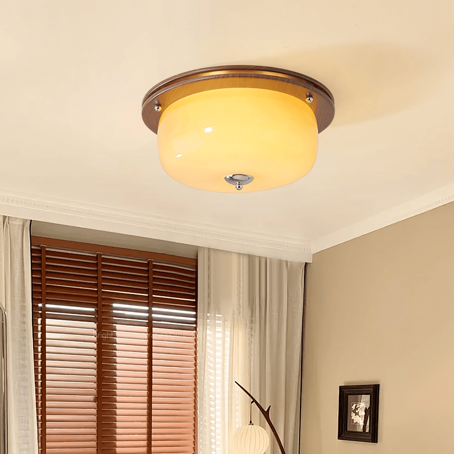 Glass Dome Ceiling Light | Frosted Glass & Wood Grain | White/Coffee