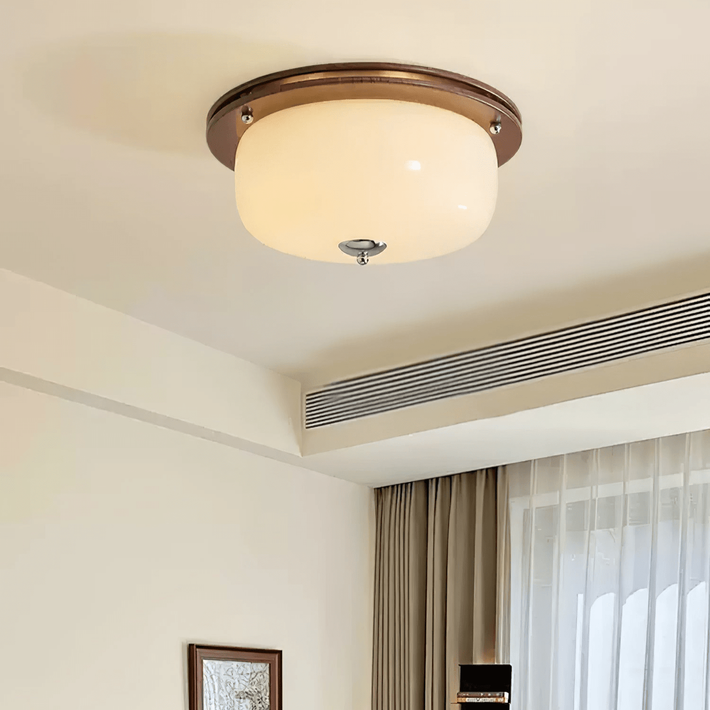 Glass Dome Ceiling Light | Frosted Glass & Wood Grain | White/Coffee