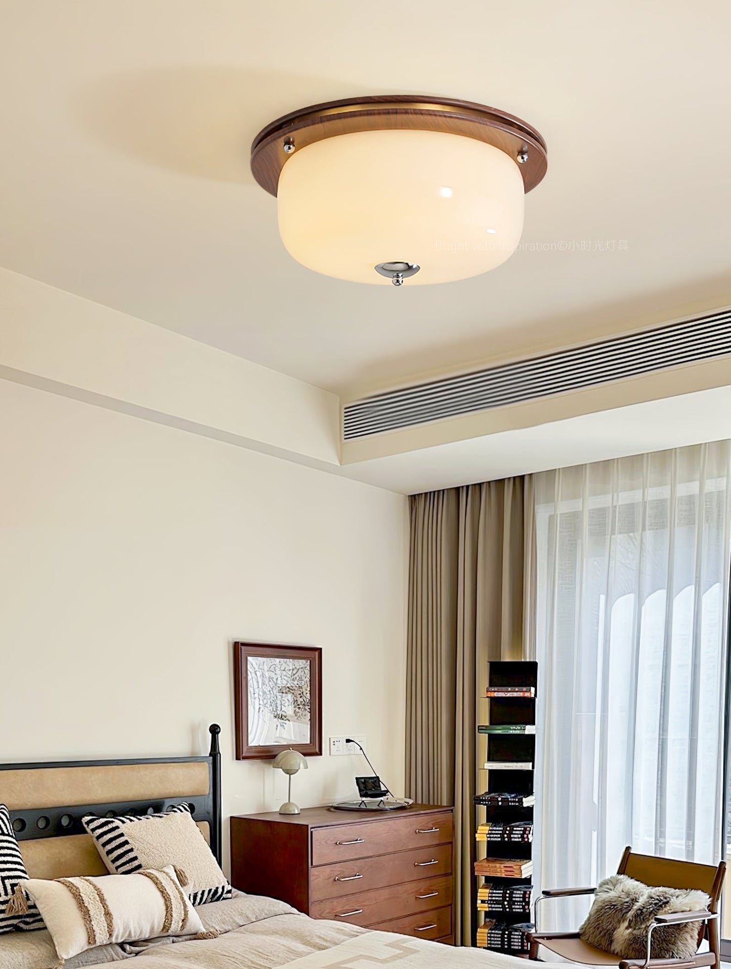Glass Dome Ceiling Light | Frosted Glass & Wood Grain | White/Coffee
