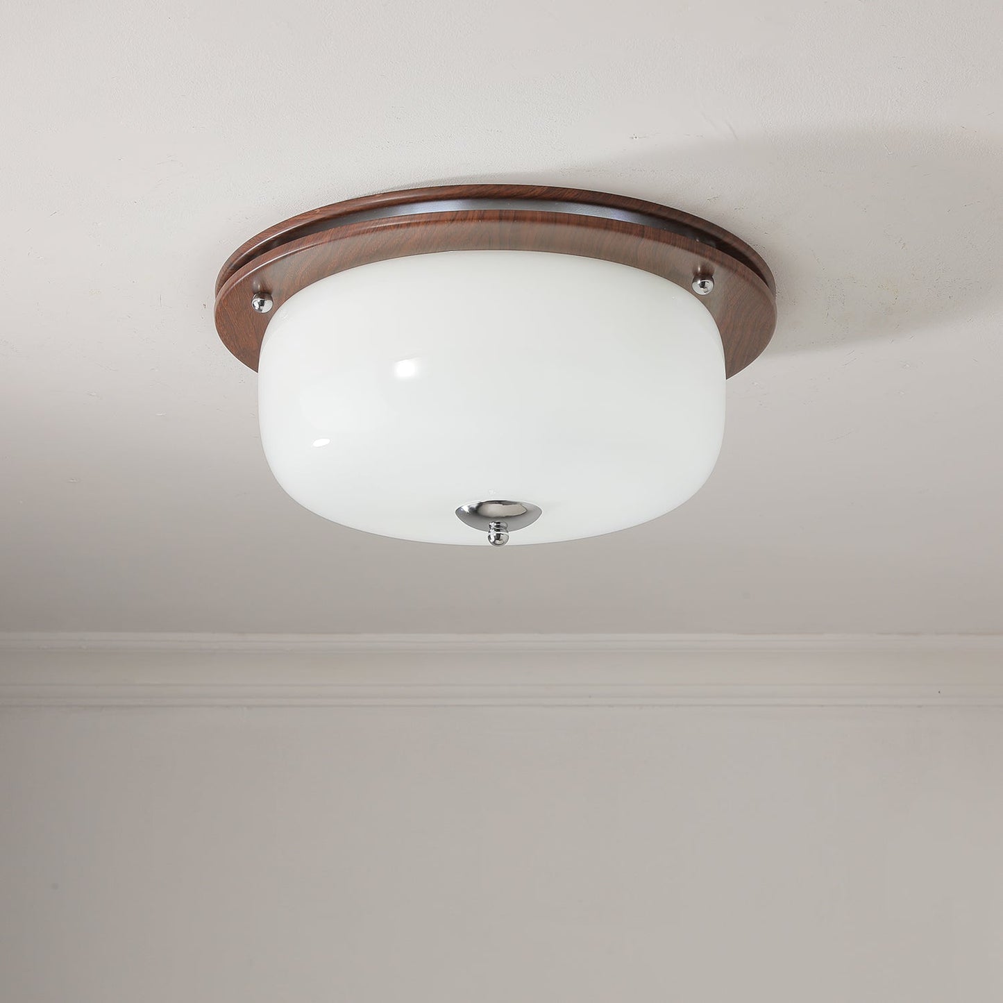 Glass Dome Ceiling Light | Frosted Glass & Wood Grain | White/Coffee
