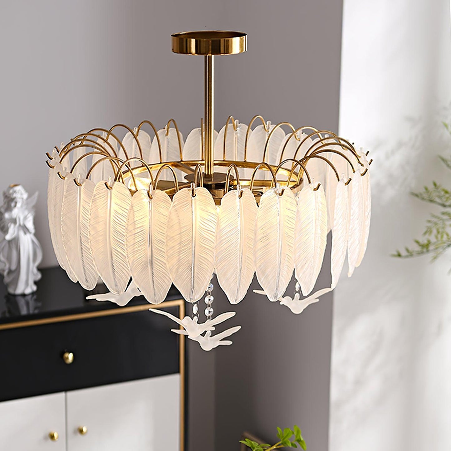 Glass Feather Ceiling Light | Copper Plated | Opaque