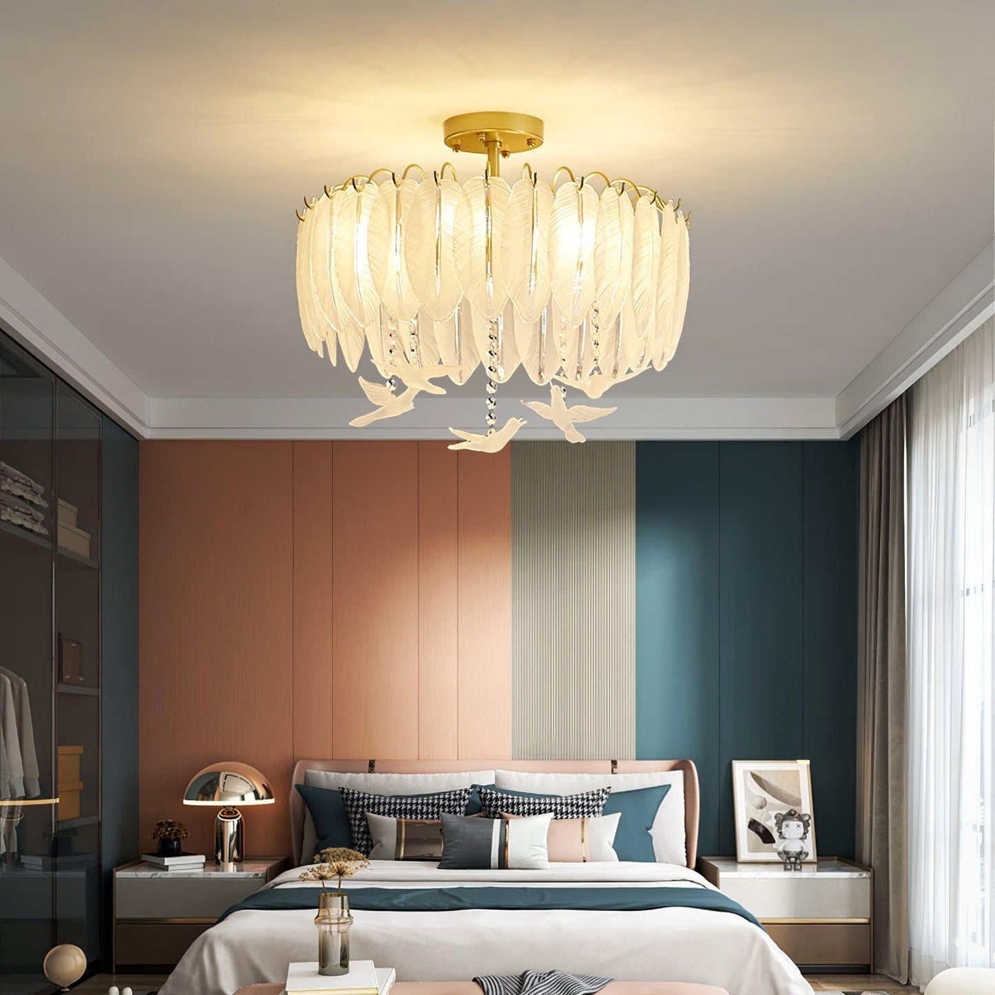 Glass Feather Ceiling Light | Copper Plated | Opaque