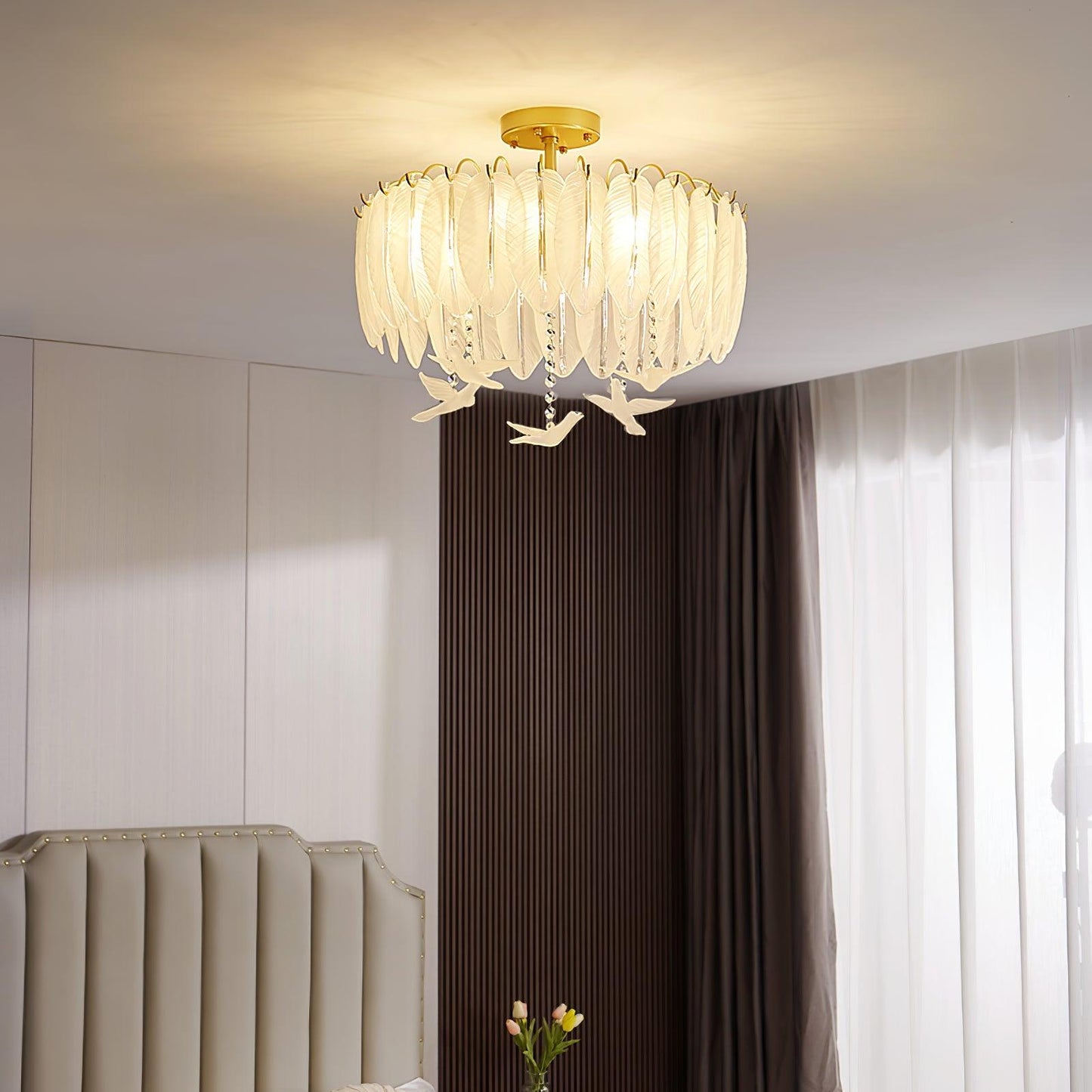 Glass Feather Ceiling Light | Copper Plated | Opaque