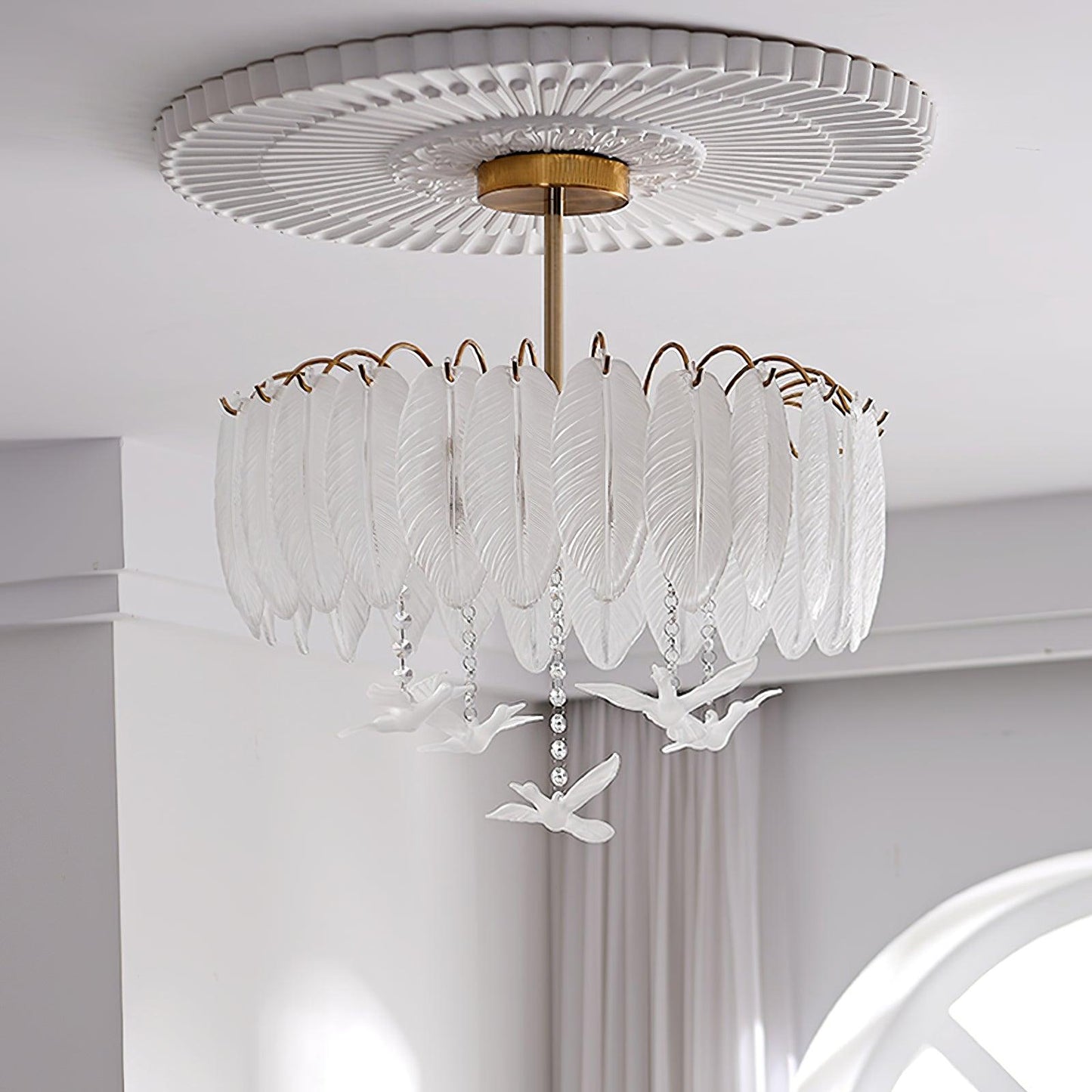 Glass Feather Ceiling Light | Copper Plated | Opaque