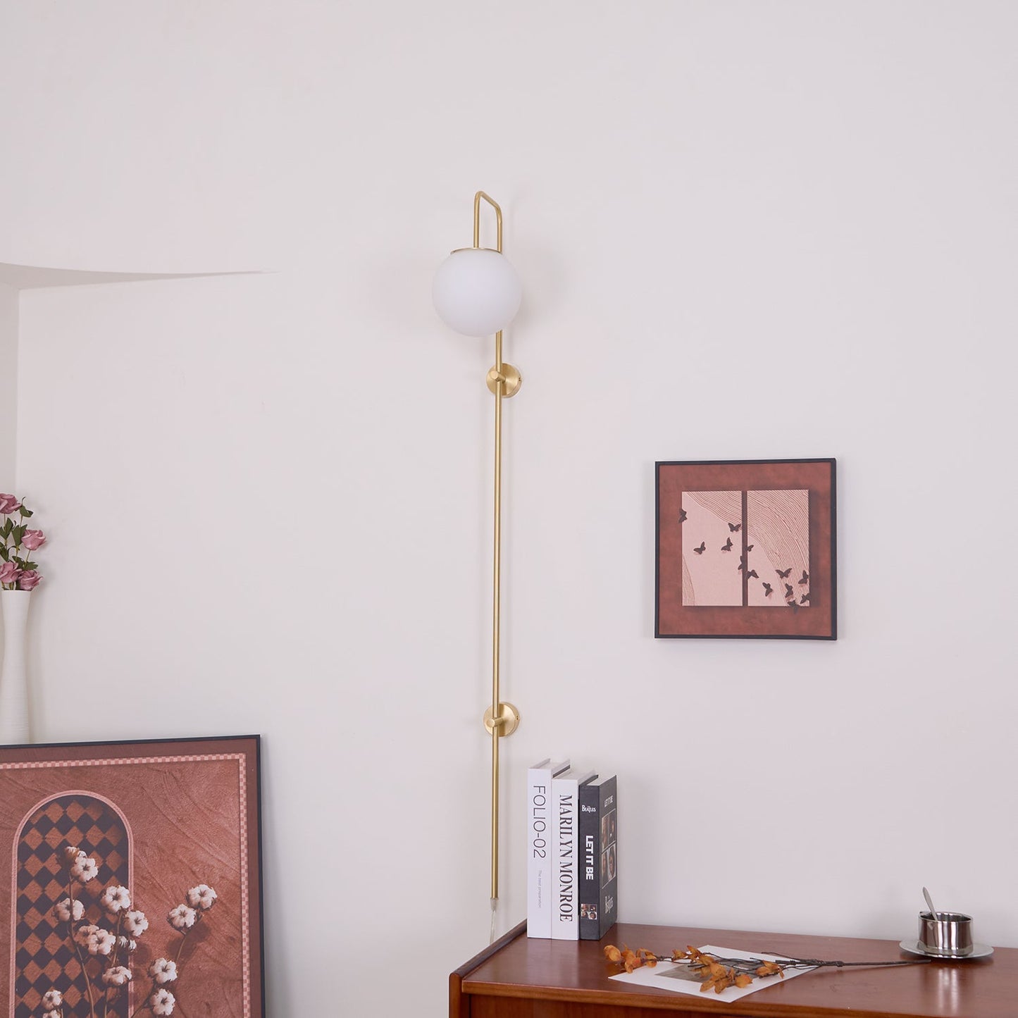 Globe Wall Sconce | Brass & White Glass | Plug-in