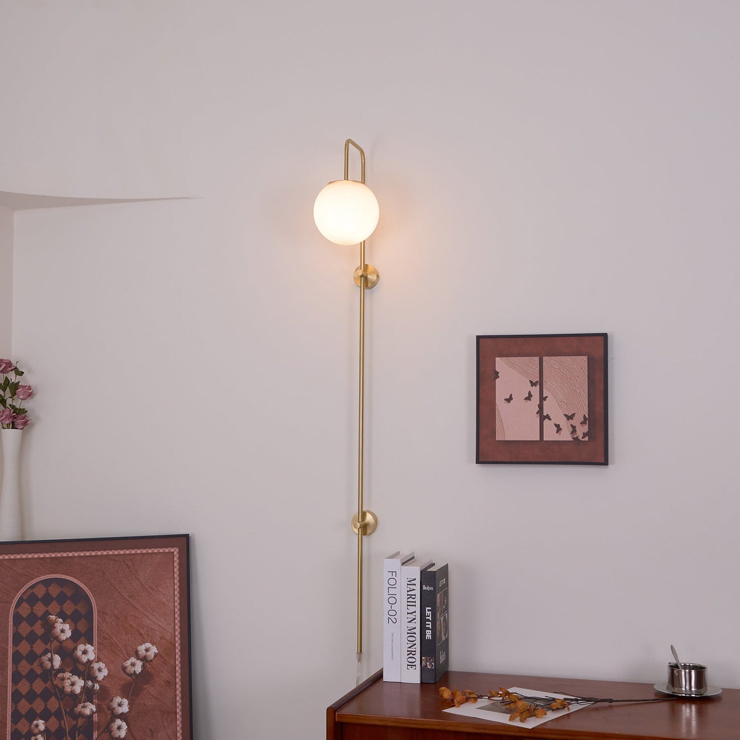 Globe Wall Sconce | Brass & White Glass | Plug-in
