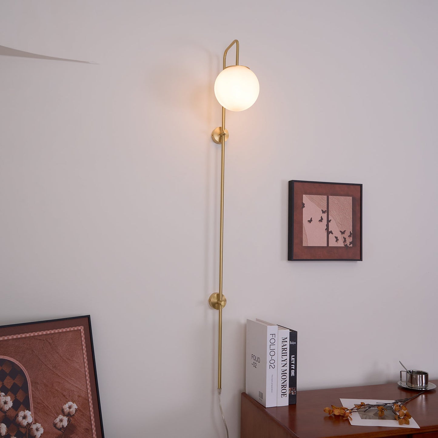 Globe Wall Sconce | Brass & White Glass | Plug-in