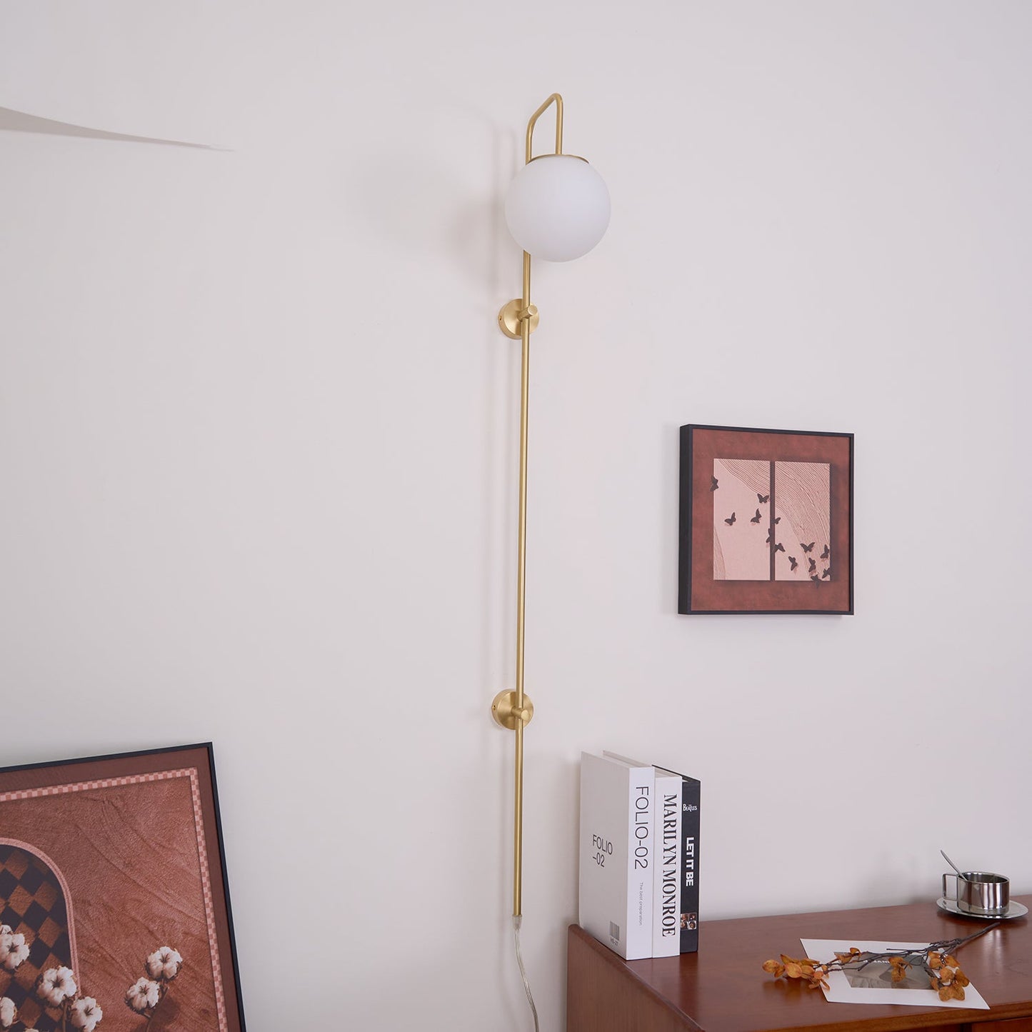 Globe Wall Sconce | Brass & White Glass | Plug-in
