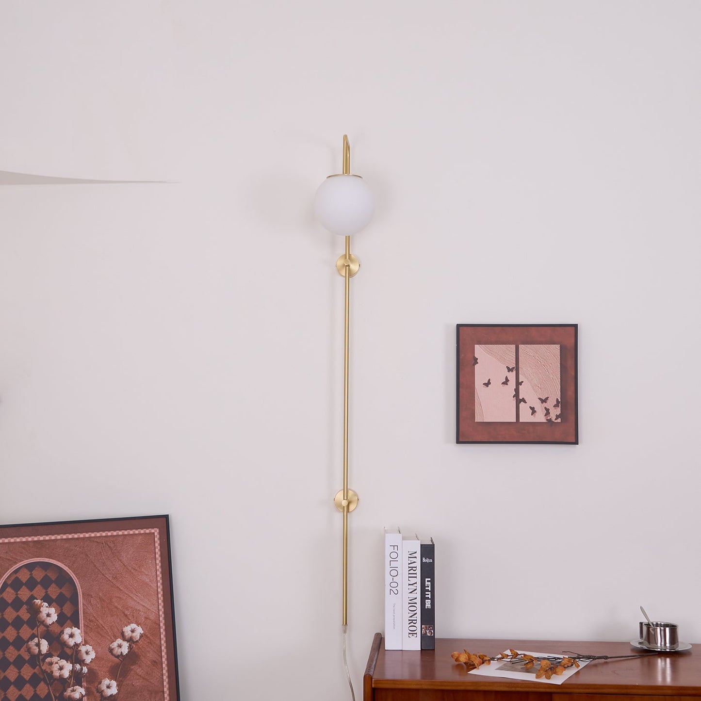 Globe Wall Sconce | Brass & White Glass | Plug-in