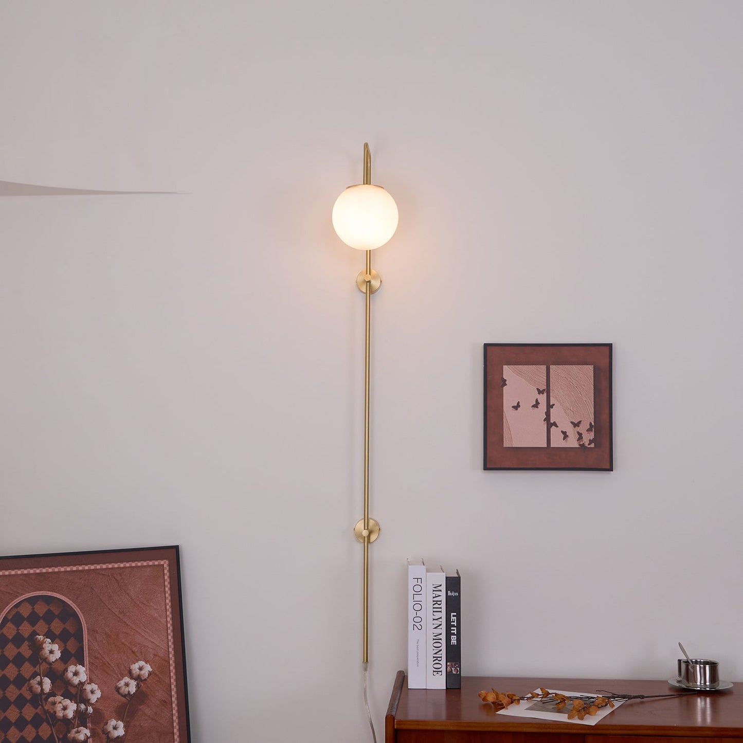 Globe Wall Sconce | Brass & White Glass | Plug-in