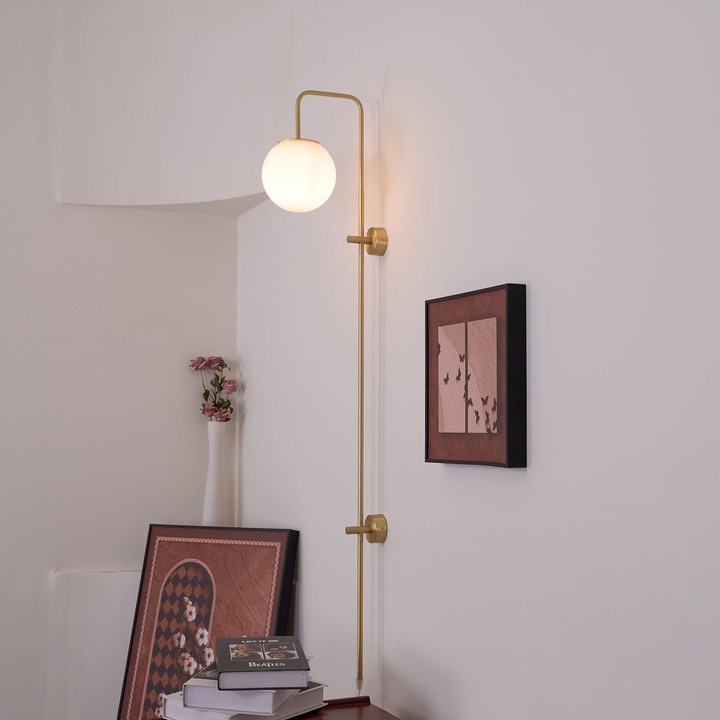 Globe Wall Sconce | Brass & White Glass | Plug-in