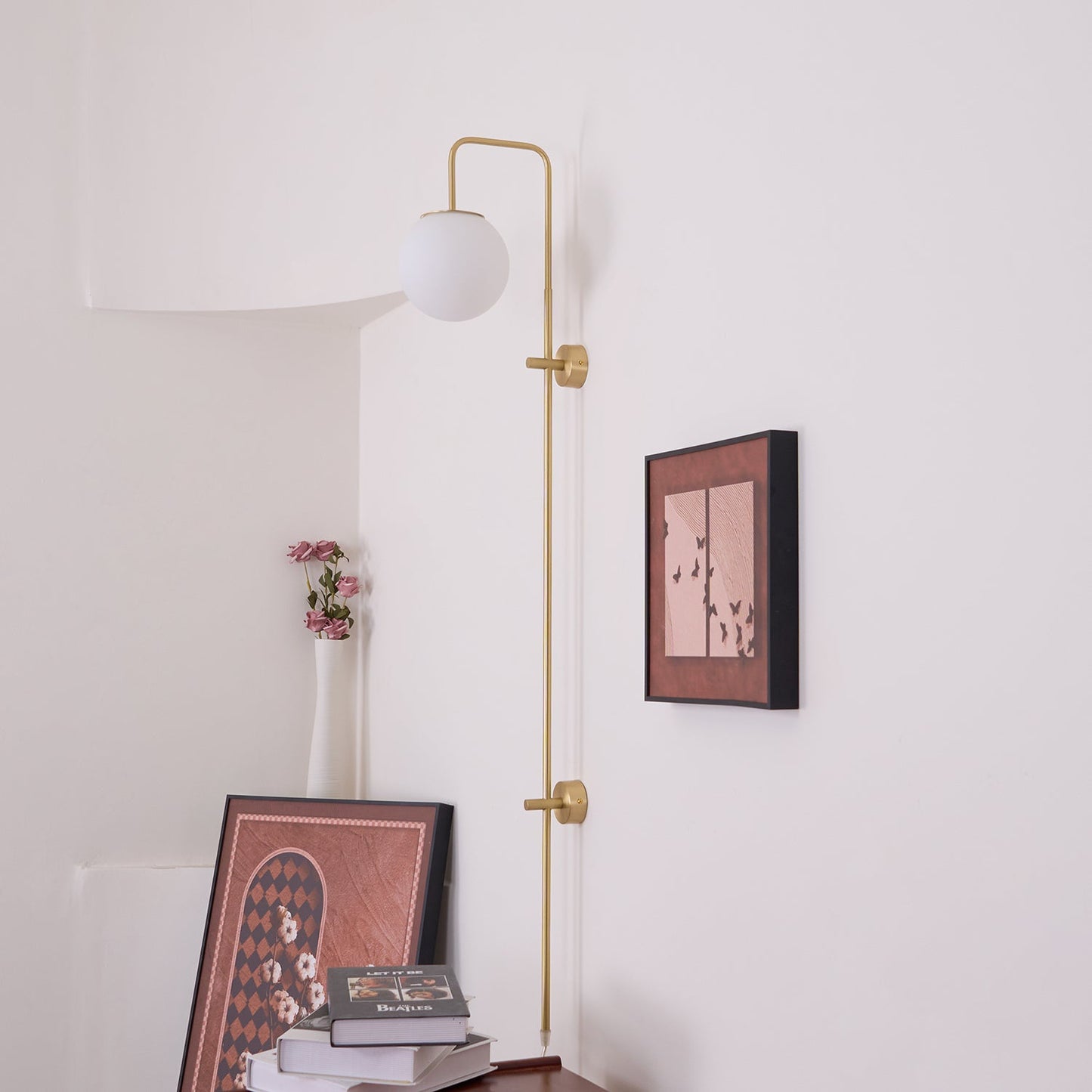 Globe Wall Sconce | Brass & White Glass | Plug-in