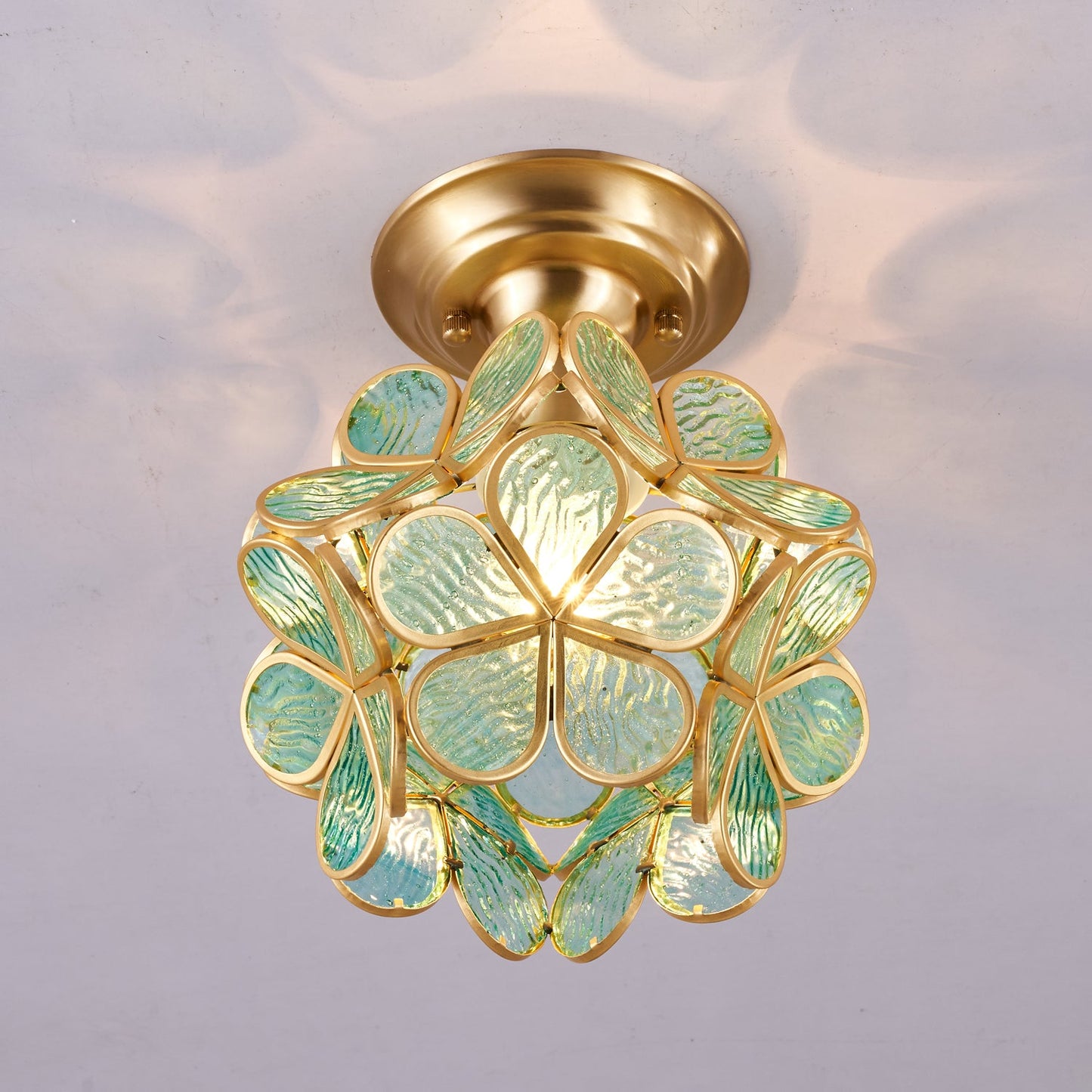 Golden Bloom Ceiling Light | Brass & Glass | Clear, Green, Pink Shades