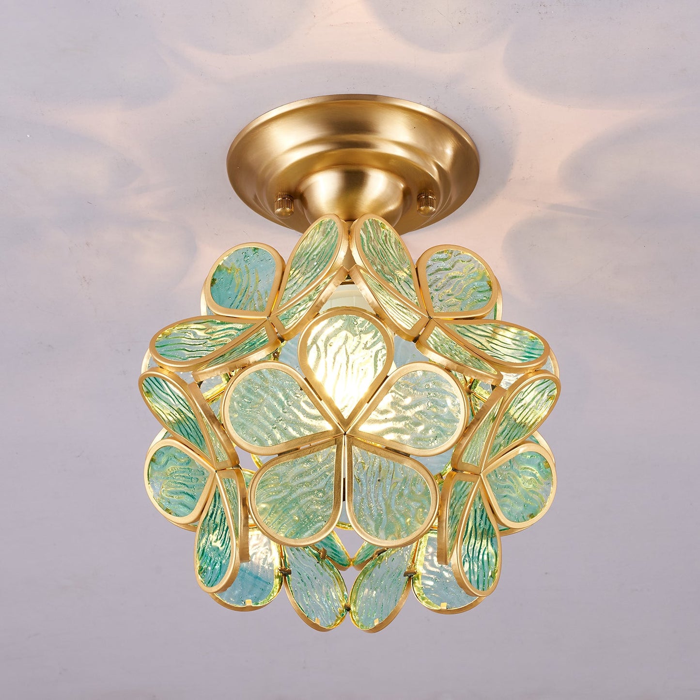 Golden Bloom Ceiling Light | Brass & Glass | Clear, Green, Pink Shades