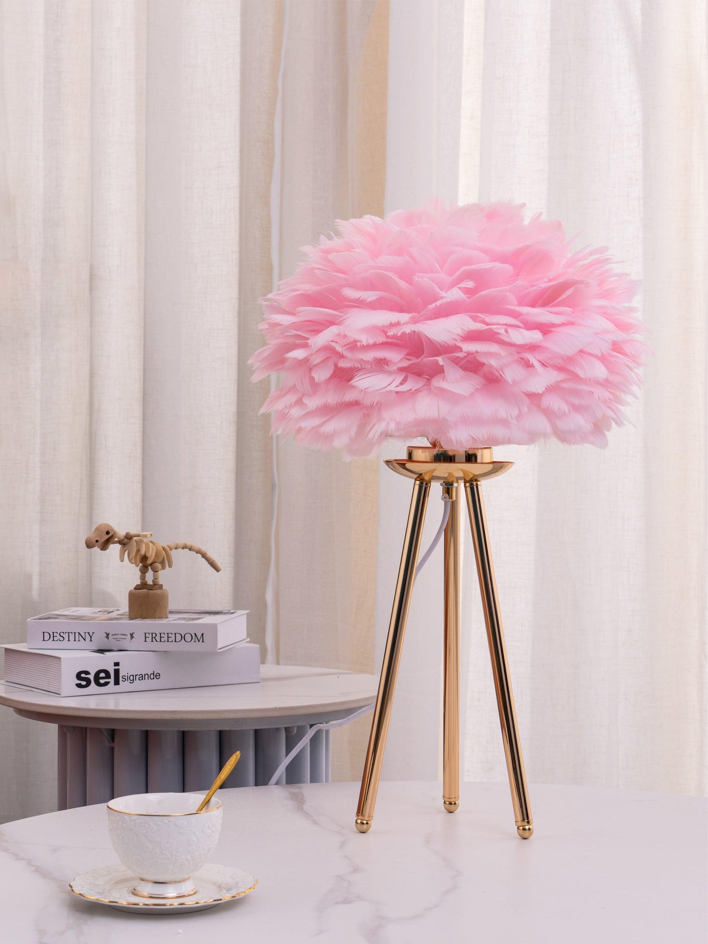 Goose Feather Table Lamp | Metal Base | Pink, White, Gray