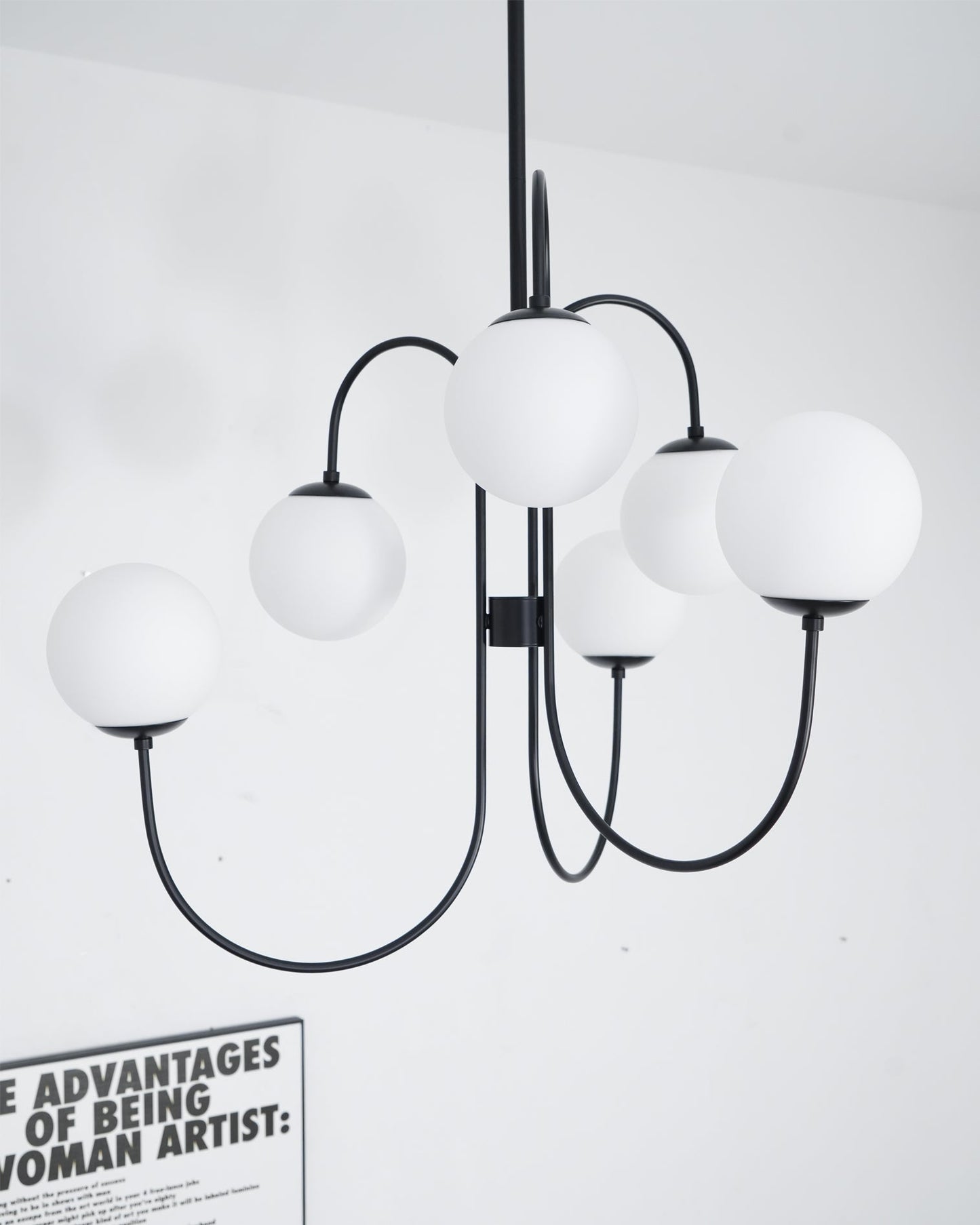 Gooseneck Chandelier | Salt-Blasted Glass Globes | Gold and Black