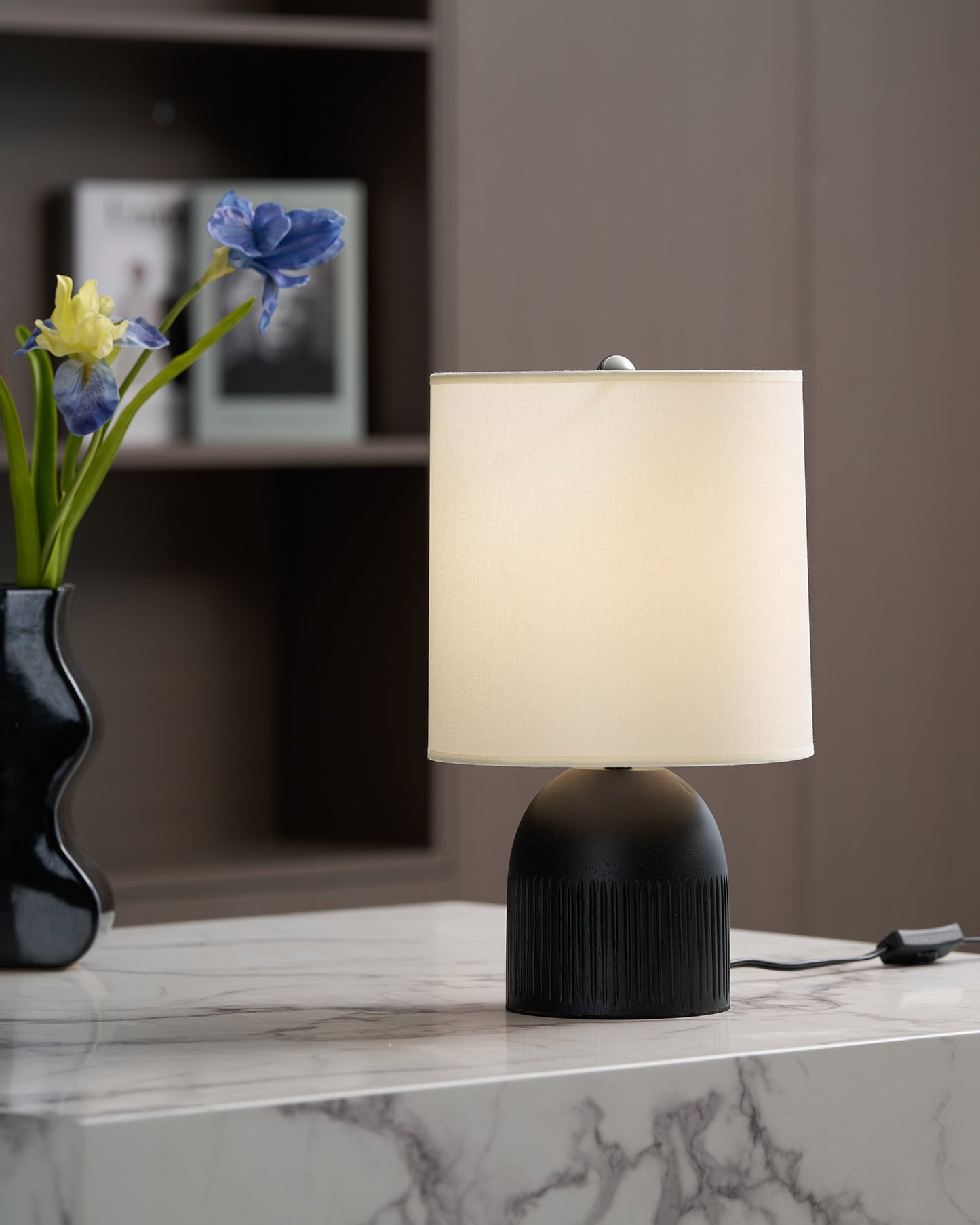 Table Lamp | Black Metal Base & White Fabric Shade | 23cm Diameter