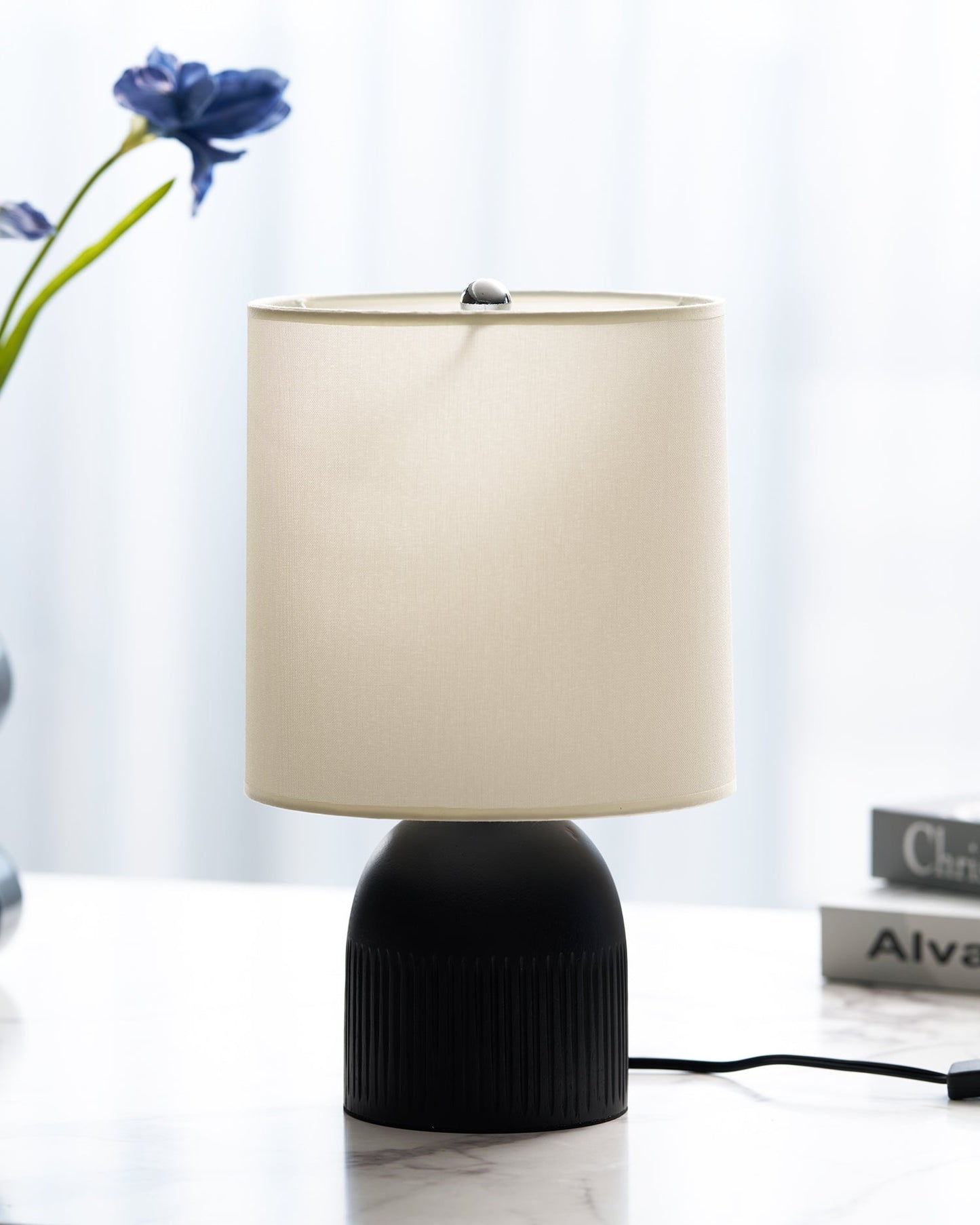 Table Lamp | Black Metal Base & White Fabric Shade | 23cm Diameter