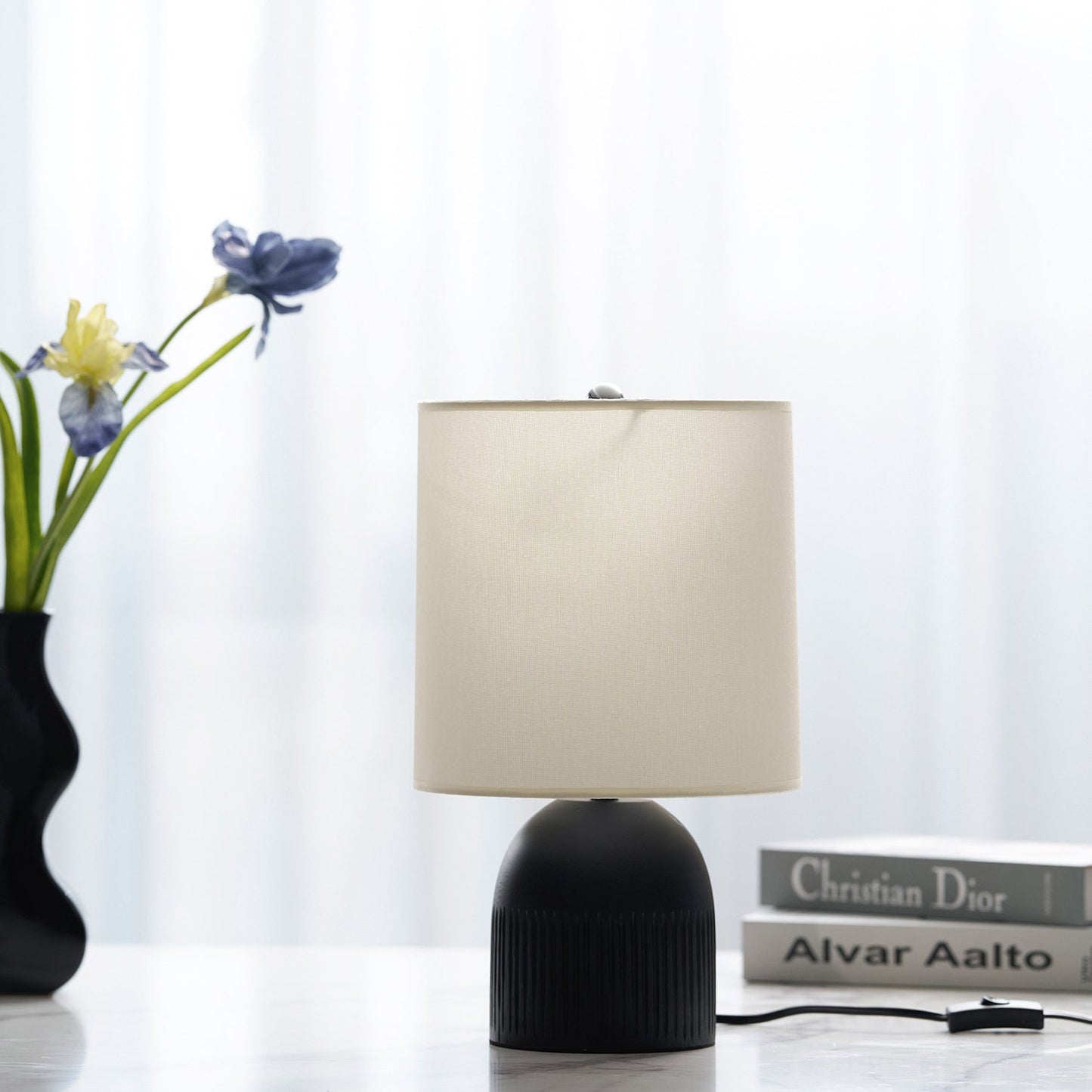 Table Lamp | Black Metal Base & White Fabric Shade | 23cm Diameter