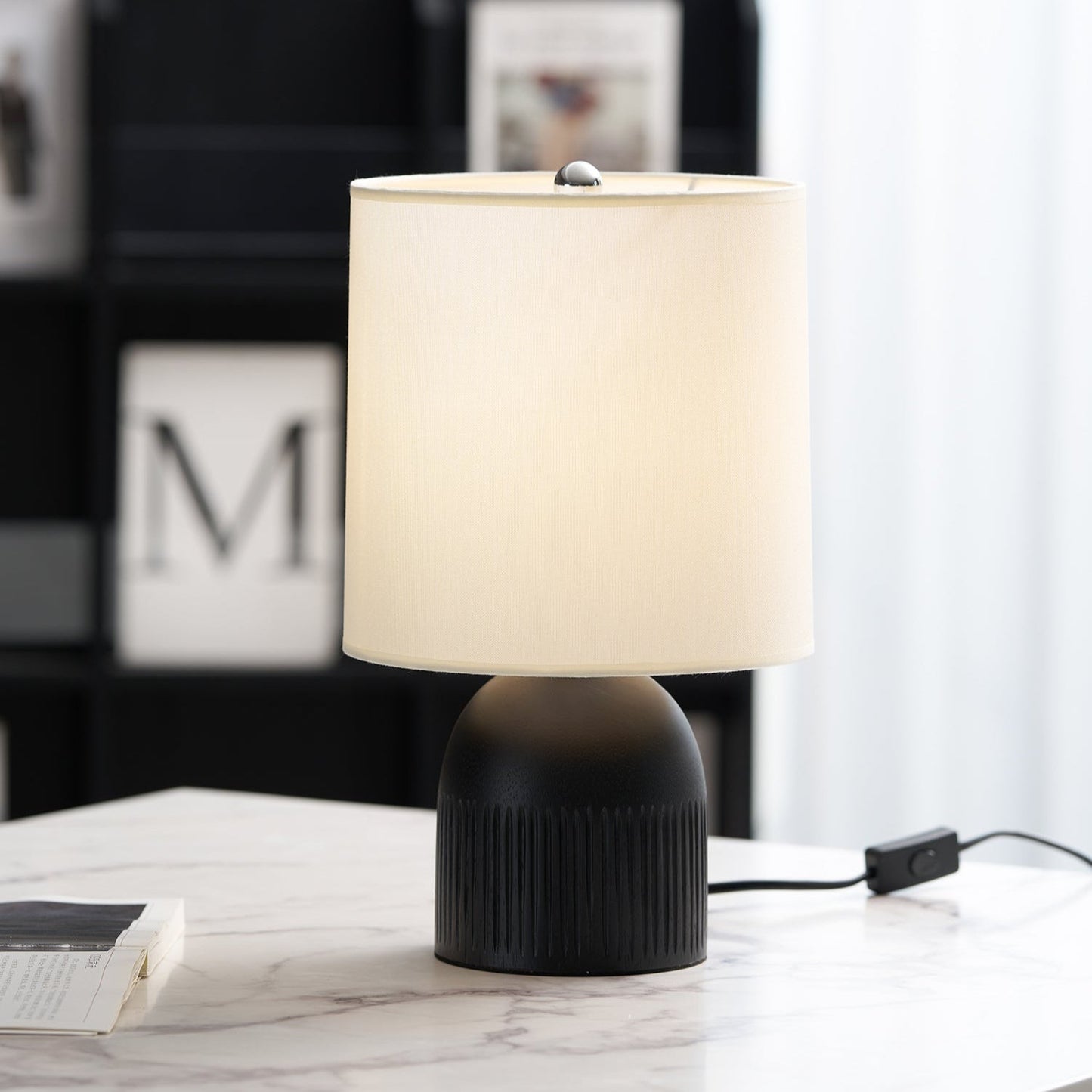 Table Lamp | Black Metal Base & White Fabric Shade | 23cm Diameter