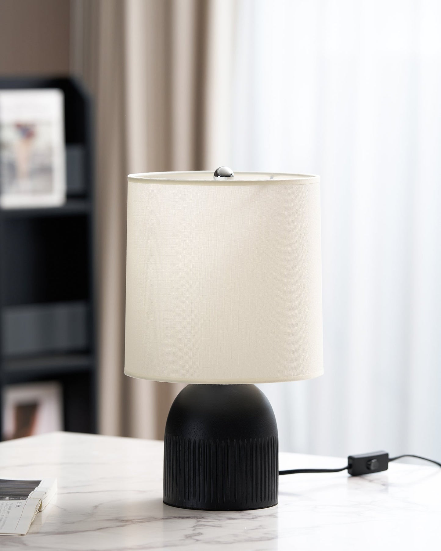 Table Lamp | Black Metal Base & White Fabric Shade | 23cm Diameter