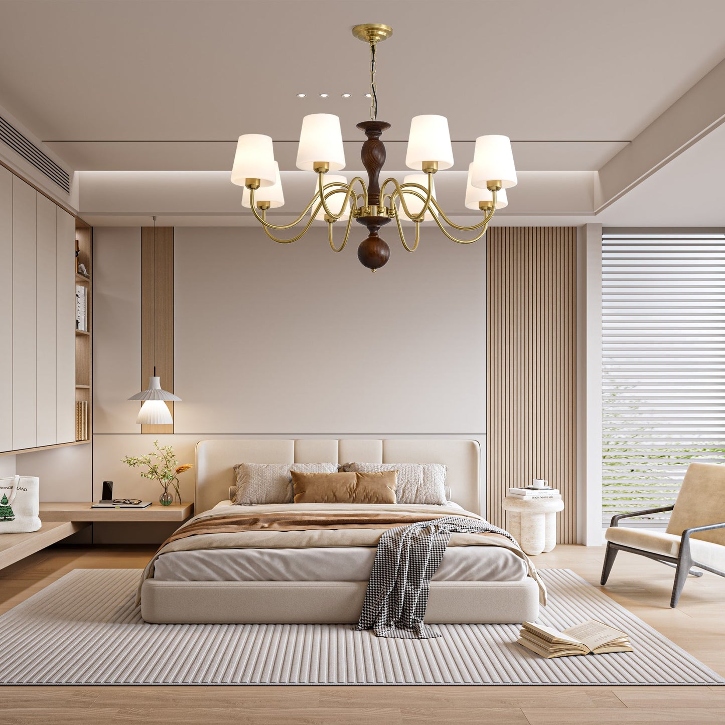 Grove Haven Chandelier | Antique Brass & White Fabric Shade | 3, 6, or 8 Lights