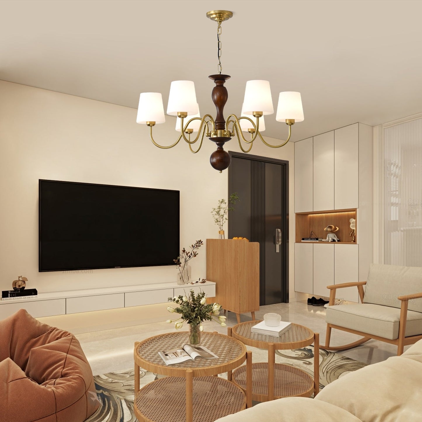 Grove Haven Chandelier | Antique Brass & White Fabric Shade | 3, 6, or 8 Lights