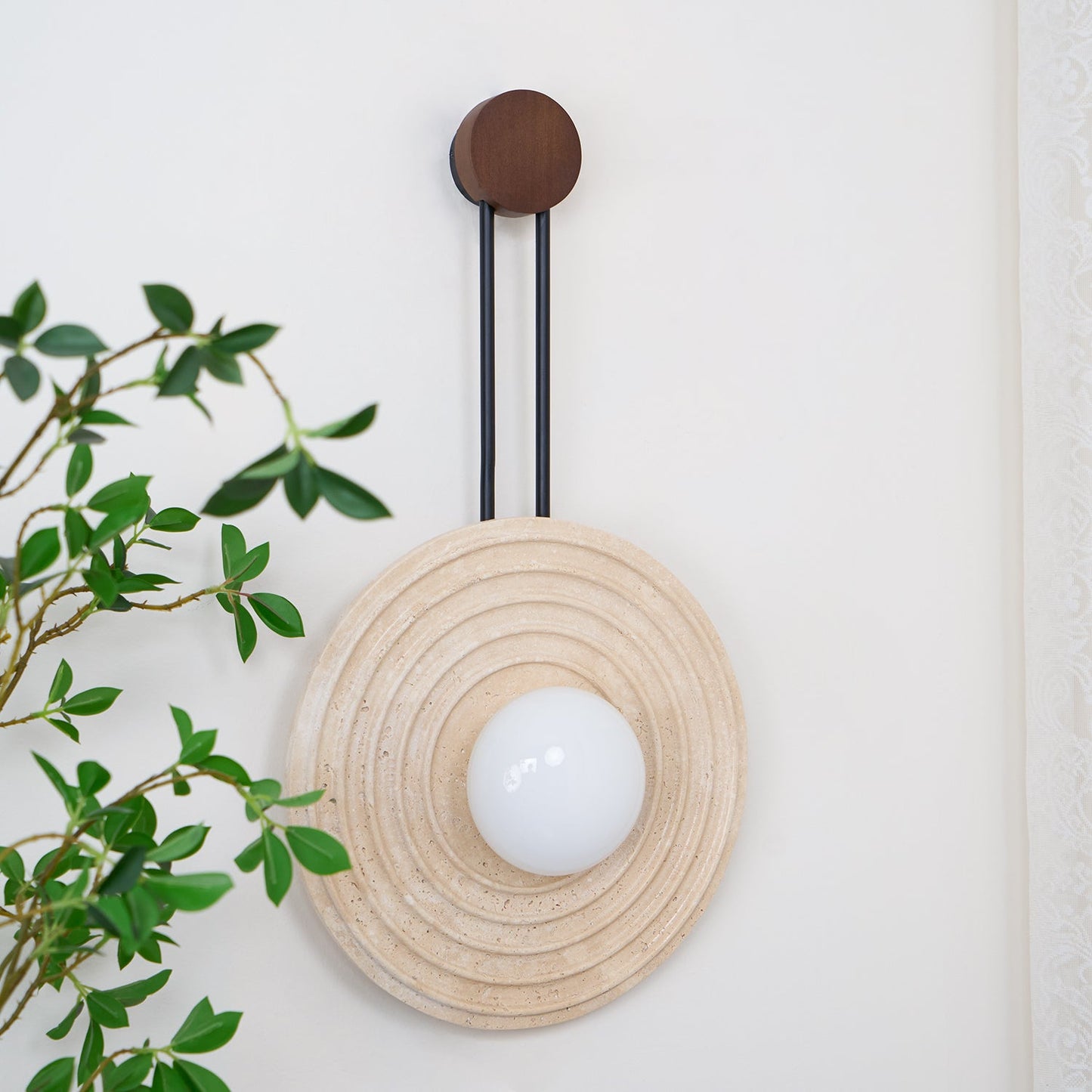 Growth Ring Wall Lamp | Yellow Travertine, Wood, Glass | Beige, Dark Walnut, Wood Color