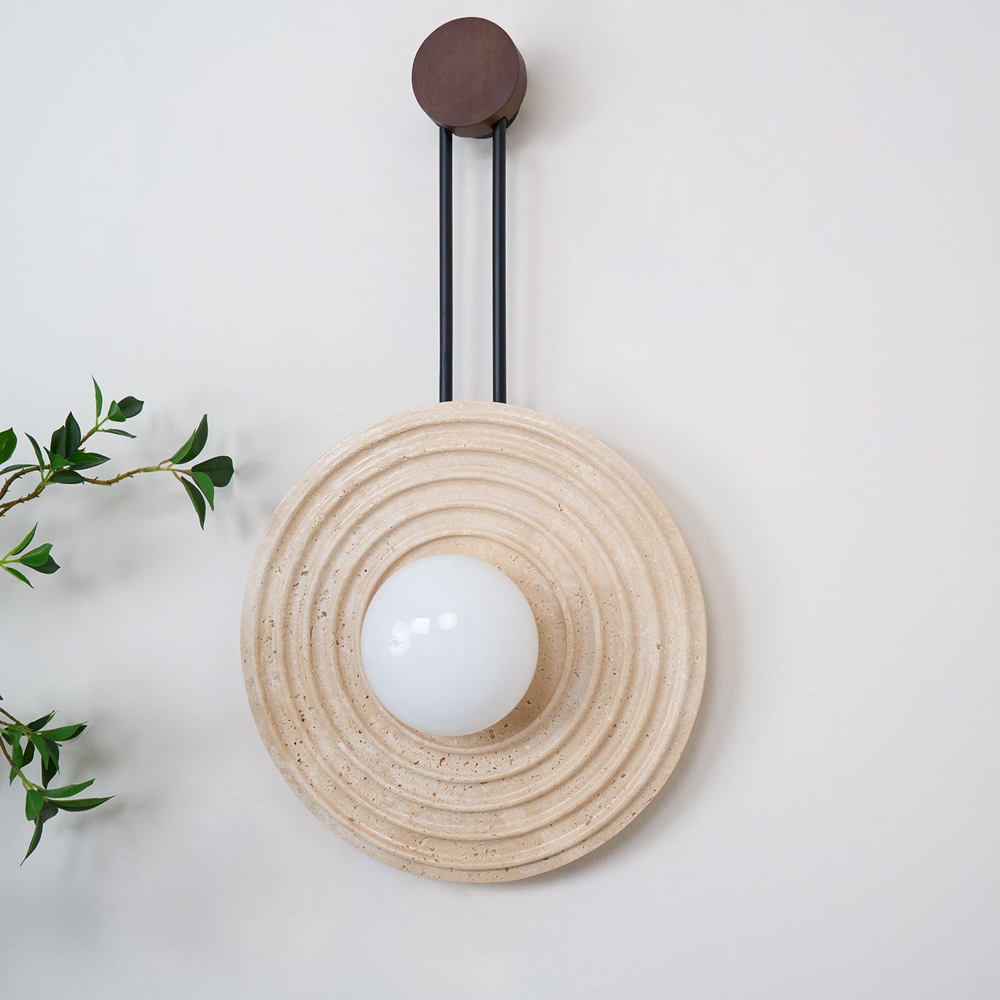 Growth Ring Wall Lamp | Yellow Travertine, Wood, Glass | Beige, Dark Walnut, Wood Color