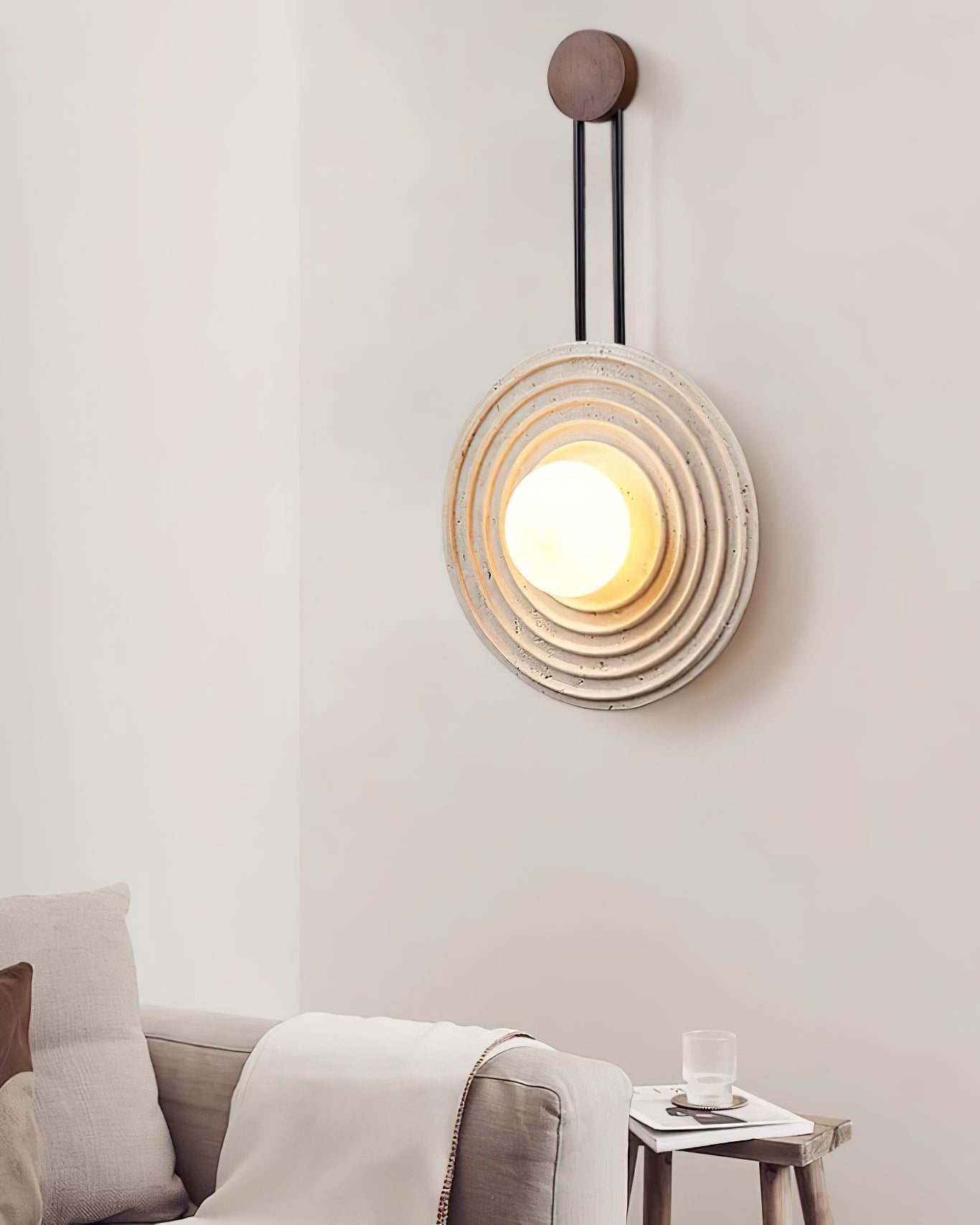 Growth Ring Wall Lamp | Yellow Travertine, Wood, Glass | Beige, Dark Walnut, Wood Color