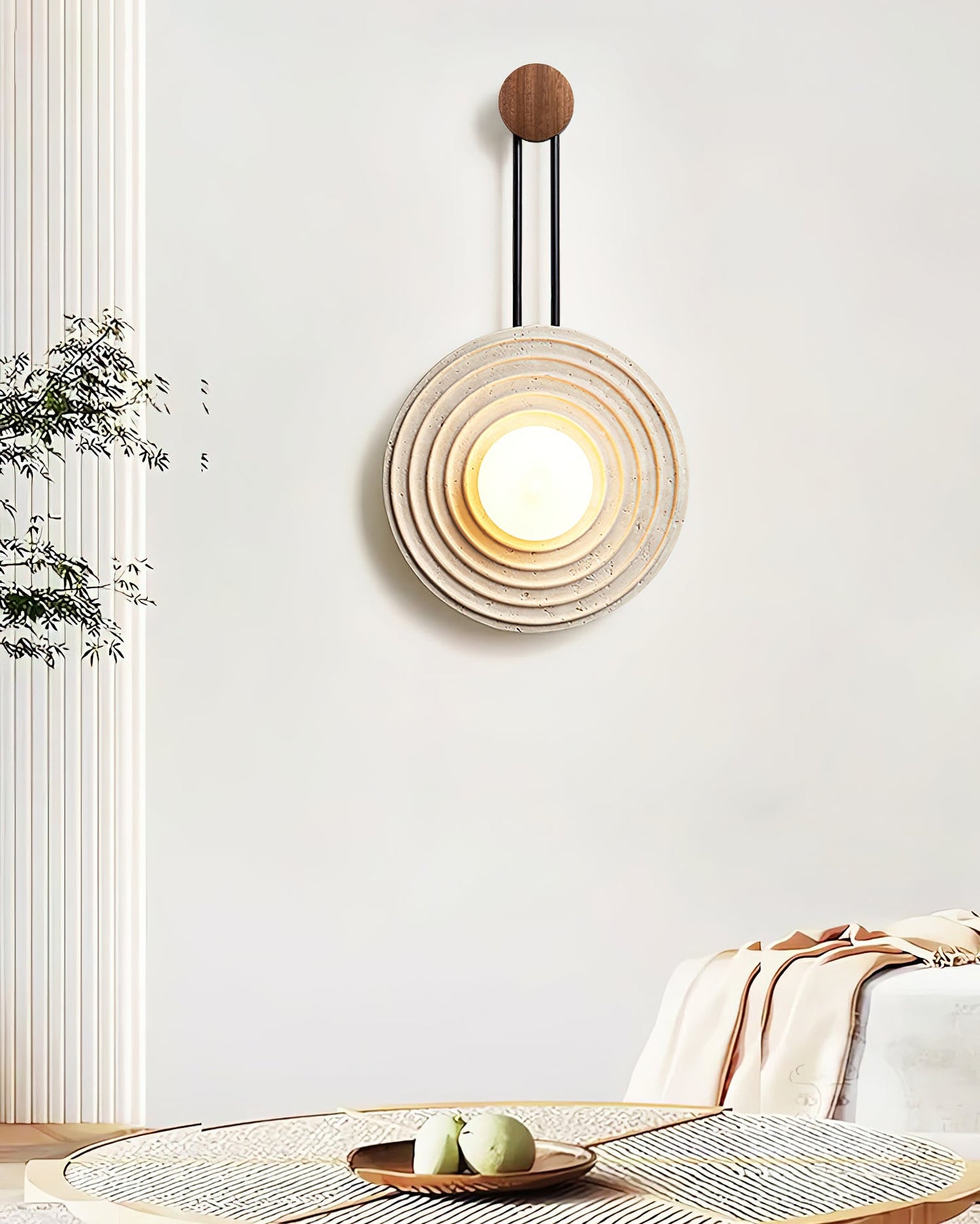 Growth Ring Wall Lamp | Yellow Travertine, Wood, Glass | Beige, Dark Walnut, Wood Color