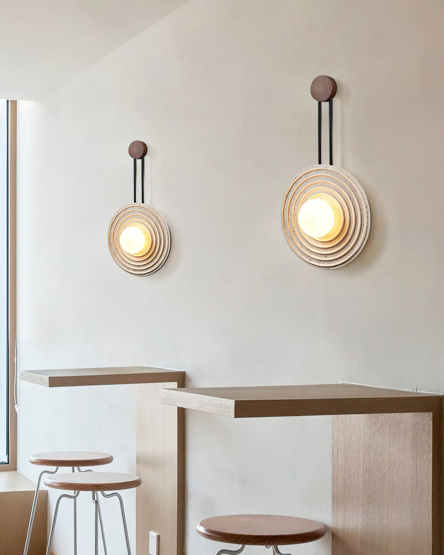 Growth Ring Wall Lamp | Yellow Travertine, Wood, Glass | Beige, Dark Walnut, Wood Color