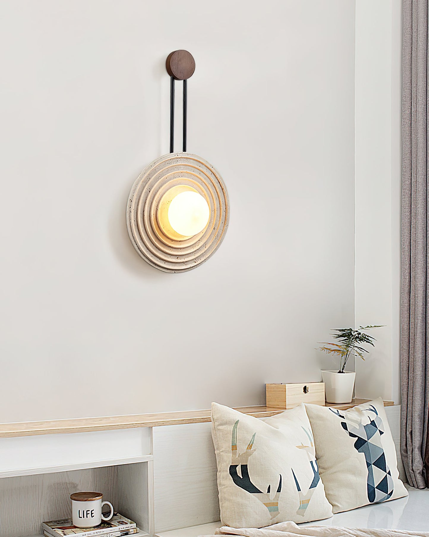 Growth Ring Wall Lamp | Yellow Travertine, Wood, Glass | Beige, Dark Walnut, Wood Color