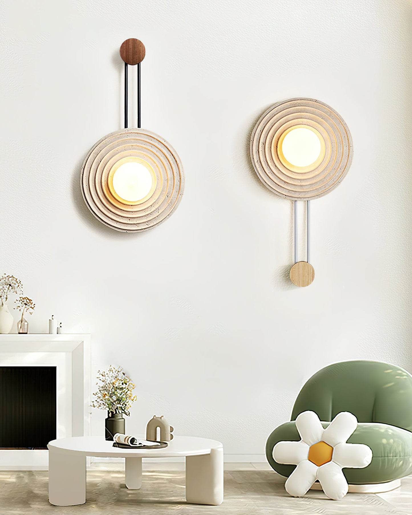 Growth Ring Wall Lamp | Yellow Travertine, Wood, Glass | Beige, Dark Walnut, Wood Color