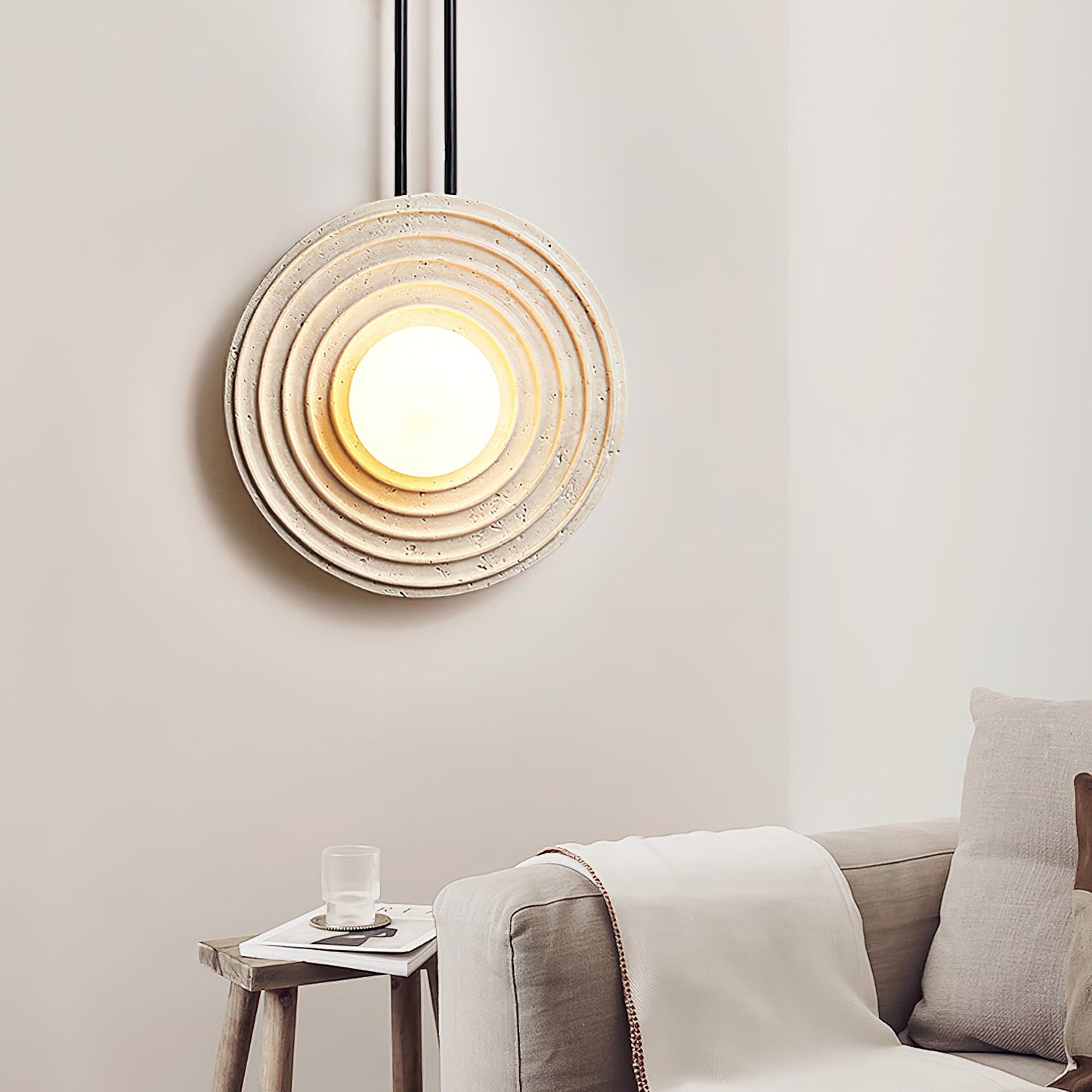 Growth Ring Wall Lamp | Yellow Travertine, Wood, Glass | Beige, Dark Walnut, Wood Color