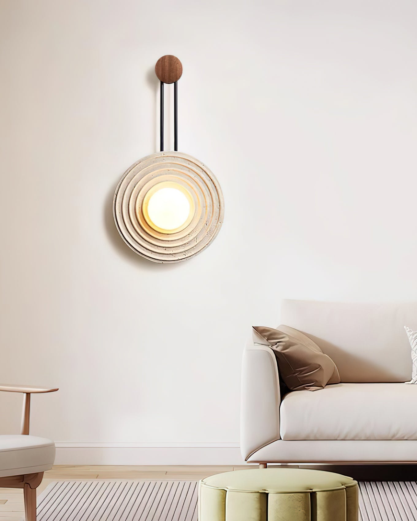 Growth Ring Wall Lamp | Yellow Travertine, Wood, Glass | Beige, Dark Walnut, Wood Color