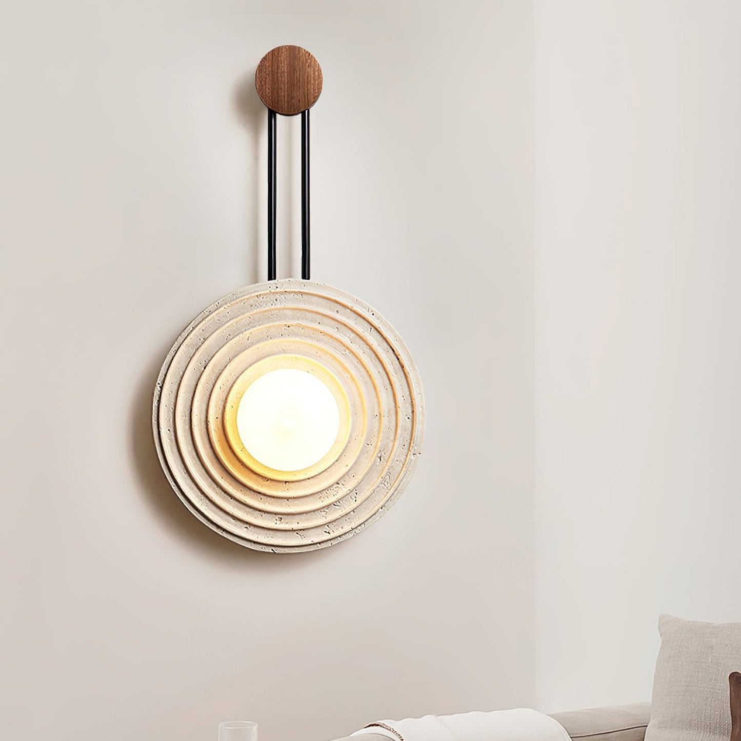 Growth Ring Wall Lamp | Yellow Travertine, Wood, Glass | Beige, Dark Walnut, Wood Color